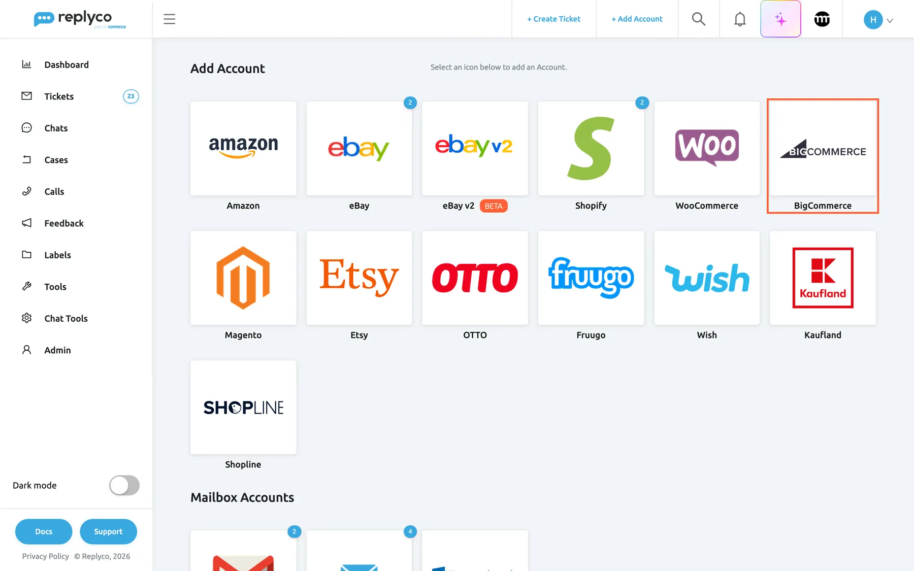 The Add Account page in Replyco, opened with + Add Account in the top bar. The first group shows one tile per marketplace and webstore: Amazon, eBay, eBay v2 with a Beta badge, Shopify, WooCommerce and BigCommerce in the first row, then Magento, Etsy, OTTO, Fruugo, Wish and Kaufland, and Shopline below. The BigCommerce tile at the end of the first row is highlighted; selecting it opens the dialog Authorize Replyco to sync with BigCommerce.