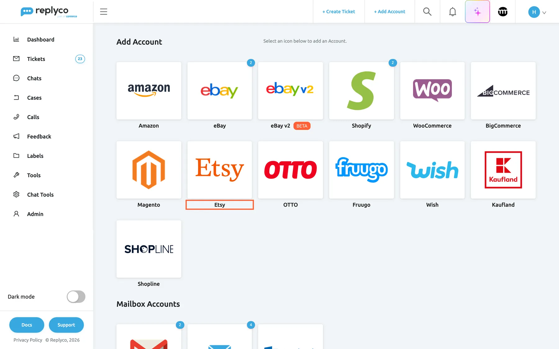 The Add Account page in Replyco, opened with + Add Account in the top bar. The first group shows one tile per marketplace and webstore: Amazon, eBay, eBay v2 with a Beta badge, Shopify, WooCommerce and BigCommerce in the first row, then Magento, Etsy, OTTO, Fruugo, Wish and Kaufland, and Shopline below. The Etsy tile in the second row is highlighted; selecting it opens the dialog Authorize Replyco to sync with Etsy at its first step, INFO.