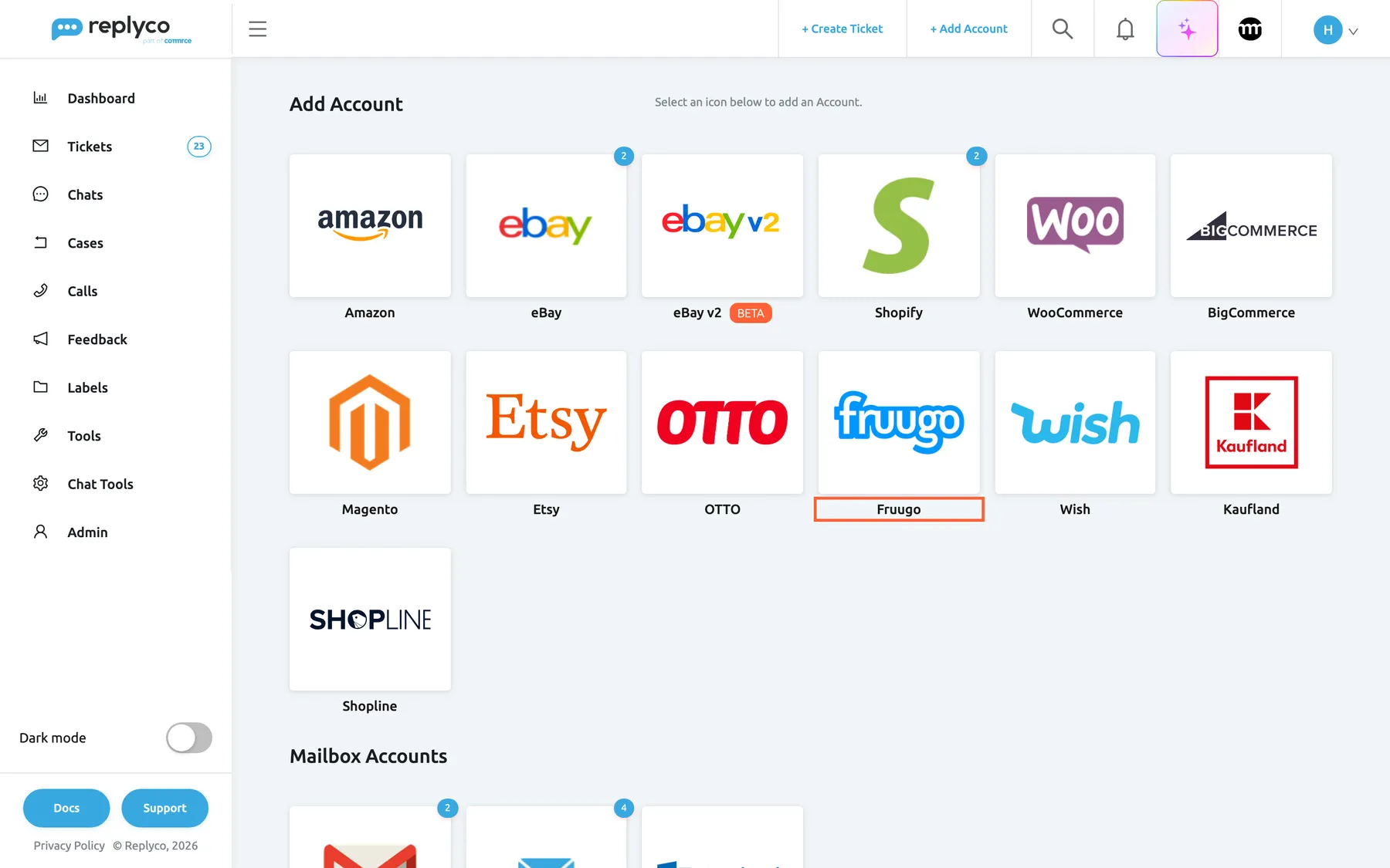 The Add Account page in Replyco, opened with + Add Account in the top bar. The first group shows one tile per marketplace and webstore: Amazon, eBay, eBay v2 with a Beta badge, Shopify, WooCommerce and BigCommerce in the first row, then Magento, Etsy, OTTO, Fruugo, Wish and Kaufland, and Shopline below. The Fruugo tile in the second row is highlighted; selecting it opens the dialog Authorize Replyco to sync with Fruugo.