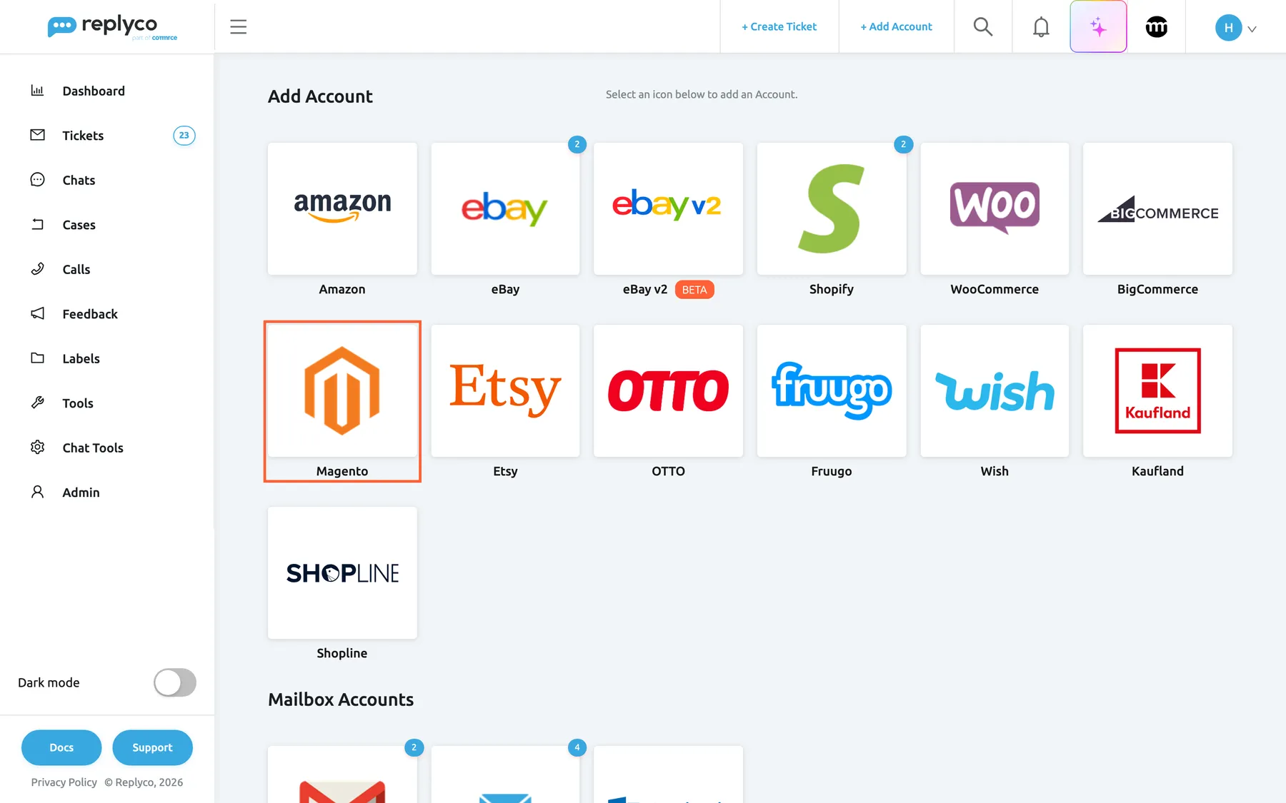 The Add Account page in Replyco, opened with + Add Account in the top bar. The first group shows one tile per marketplace and webstore: Amazon, eBay, eBay v2 with a Beta badge, Shopify, WooCommerce and BigCommerce in the first row, then Magento, Etsy, OTTO, Fruugo, Wish and Kaufland, and Shopline below. The Magento tile at the start of the second row is highlighted; selecting it opens the dialog Authorize Replyco to sync with Magento.