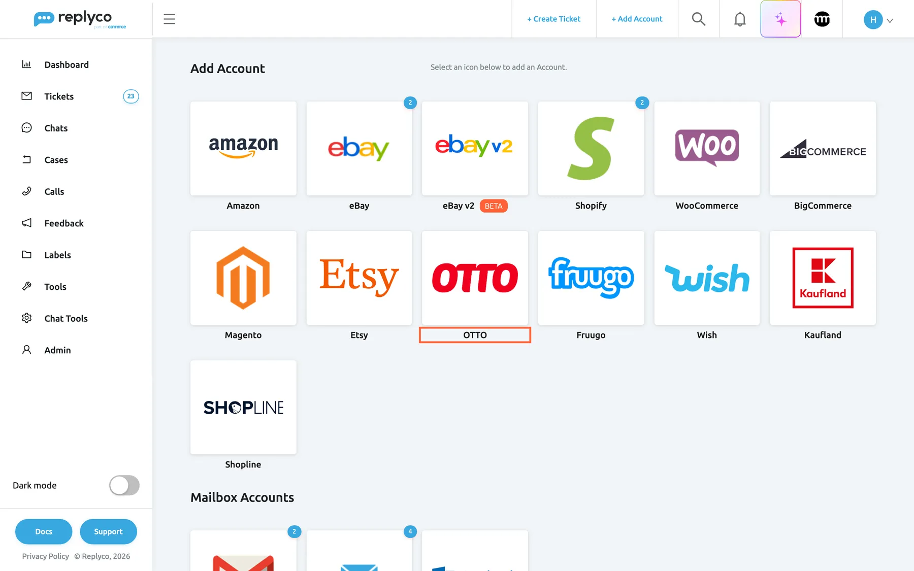 The Add Account page in Replyco, opened with + Add Account in the top bar. The first group shows one tile per marketplace and webstore: Amazon, eBay, eBay v2 with a Beta badge, Shopify, WooCommerce and BigCommerce in the first row, then Magento, Etsy, OTTO, Fruugo, Wish and Kaufland, and Shopline below. The OTTO tile in the second row is highlighted; selecting it opens the dialog Authorize Replyco to sync with OTTO at its first step, INFO.