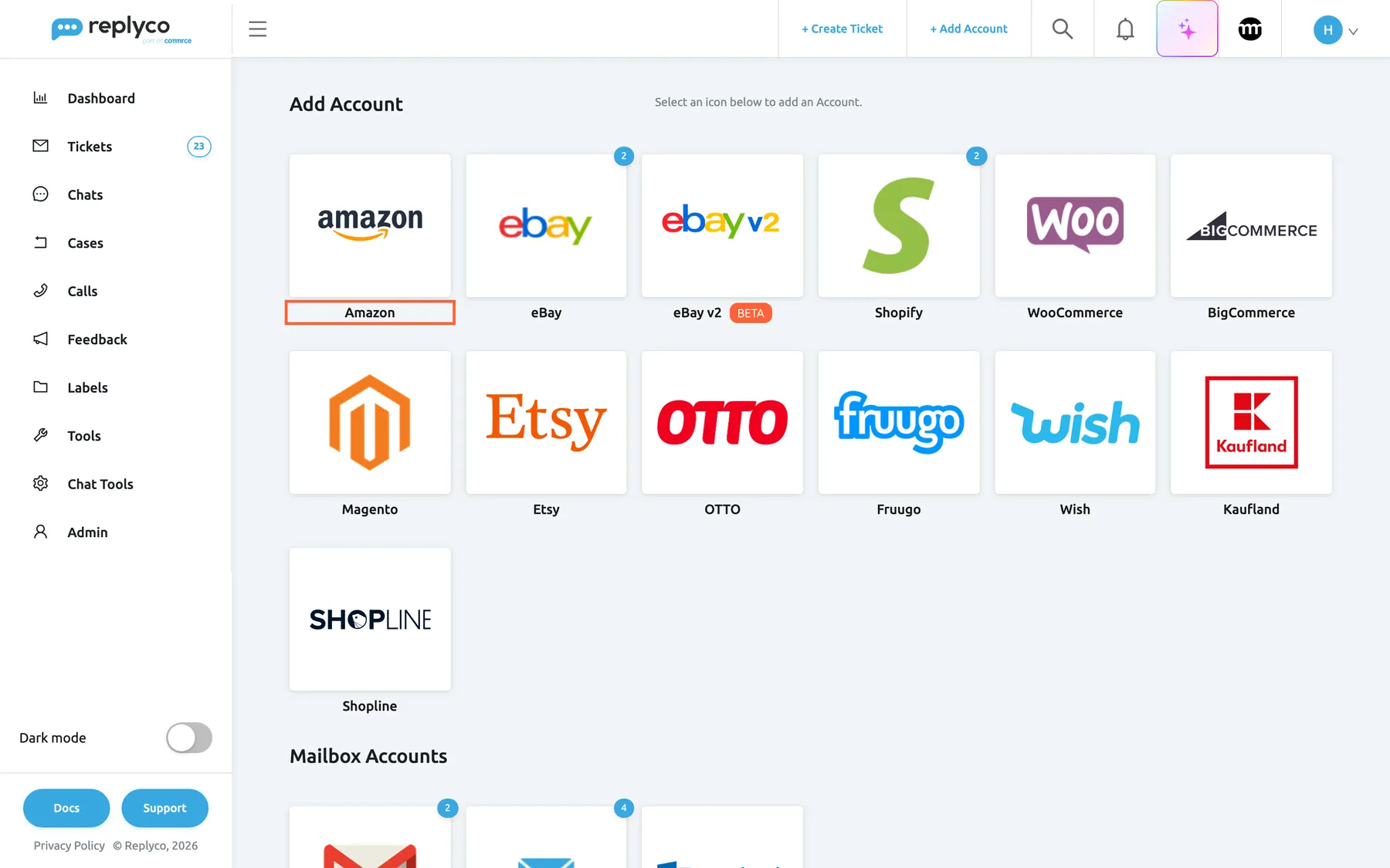 The Add Account page in Replyco, opened with + Add Account in the top bar. It shows one tile per marketplace: Amazon, eBay, eBay v2 with a Beta badge, Shopify, WooCommerce, BigCommerce, Magento, Etsy, OTTO, Fruugo, Wish, Kaufland and Shopline, followed by Mailbox Accounts further down. The Amazon tile in the top left corner is highlighted; selecting it opens the authorisation dialog for Amazon.