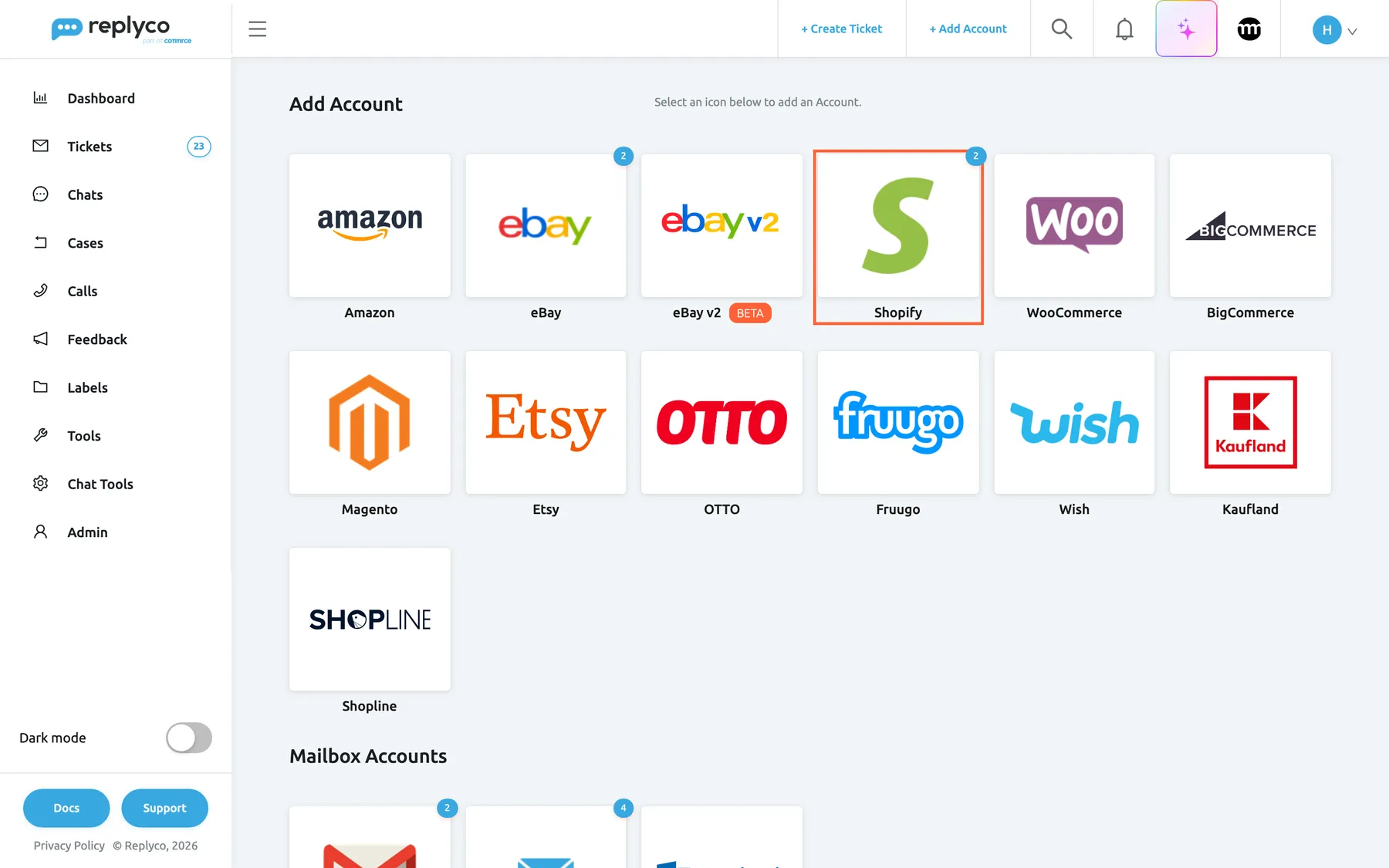 The Add Account page in Replyco, opened with + Add Account in the top bar. The first group shows one tile per marketplace and webstore: Amazon, eBay, eBay v2 with a Beta badge, Shopify, WooCommerce and BigCommerce in the first row, then Magento, Etsy, OTTO, Fruugo, Wish and Kaufland, and Shopline below. The Shopify tile in the first row is highlighted, with a badge that counts the Shopify accounts already connected; selecting it opens the dialog Authorize Replyco to sync with Shopify.