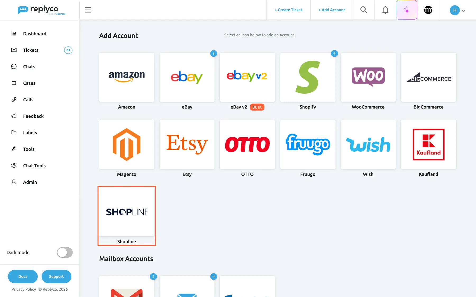 The Add Account page in Replyco, opened with + Add Account in the top bar. The first group shows one tile per marketplace and webstore: Amazon, eBay, eBay v2 with a Beta badge, Shopify, WooCommerce and BigCommerce in the first row, then Magento, Etsy, OTTO, Fruugo, Wish and Kaufland, and Shopline alone in the third row. The Shopline tile is highlighted; selecting it opens the dialog Authorize Replyco to sync with Shopline.