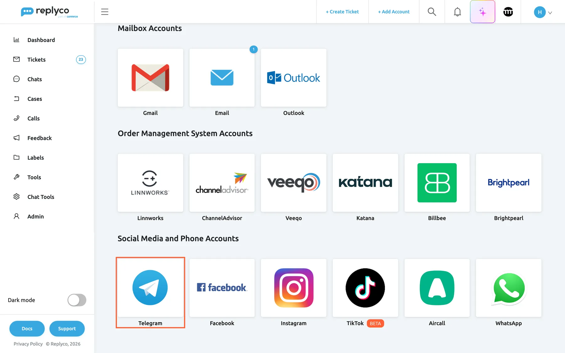 The lower part of the Add Account page in Replyco, opened with + Add Account in the top bar. Below Mailbox Accounts and Order Management System Accounts, the group Social Media and Phone Accounts has six tiles: Telegram, Facebook, Instagram, TikTok with a BETA label, Aircall and WhatsApp. The Telegram tile at the left end of that row is highlighted; selecting it opens the dialog Authorize Replyco to sync with Telegram.