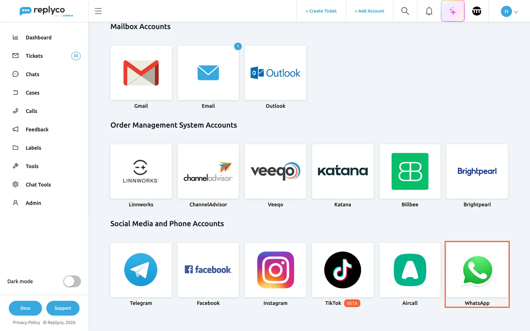The lower part of the Add Account page in Replyco, opened with + Add Account in the top bar. Mailbox Accounts and Order Management System Accounts come first; the last group, Social Media and Phone Accounts, has six tiles: Telegram, Facebook, Instagram, TikTok with a BETA label, Aircall and WhatsApp. The WhatsApp tile at the right end of that row is highlighted; selecting it opens the dialog Authorize Replyco to sync with WhatsApp.