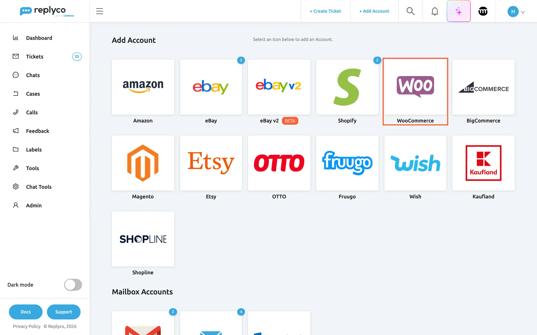 The Add Account page in Replyco, opened with + Add Account in the top bar. The first group shows one tile per marketplace and webstore: Amazon, eBay, eBay v2 with a Beta badge, Shopify, WooCommerce and BigCommerce in the first row, then Magento, Etsy, OTTO, Fruugo, Wish and Kaufland, and Shopline below. The WooCommerce tile in the first row is highlighted; selecting it opens the dialog Authorize Replyco to sync with WooCommerce.