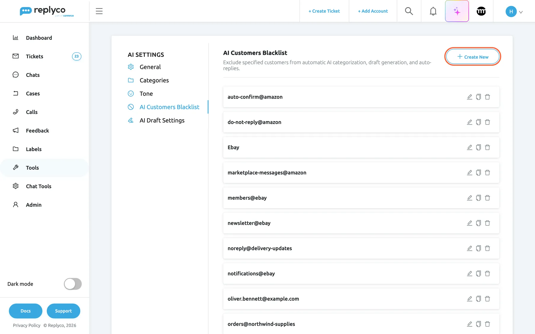 The AI Customers Blacklist tab of AI Settings in Replyco. The tab list on the left shows General, Categories, Tone, AI Customers Blacklist (selected) and AI Draft Settings. On the right, under the heading AI Customers Blacklist and its description "Exclude specified customers from automatic AI categorization, draft generation, and auto-replies.", Northwind Electronics' entries are listed alphabetically as cards with pencil, copy and bin icons, starting with auto-confirm@amazon, do-not-reply@amazon, Ebay, marketplace-messages@amazon, members@ebay, newsletter@ebay and noreply@delivery-updates. The Create New button at the top right is highlighted; it opens the Add Customer form.