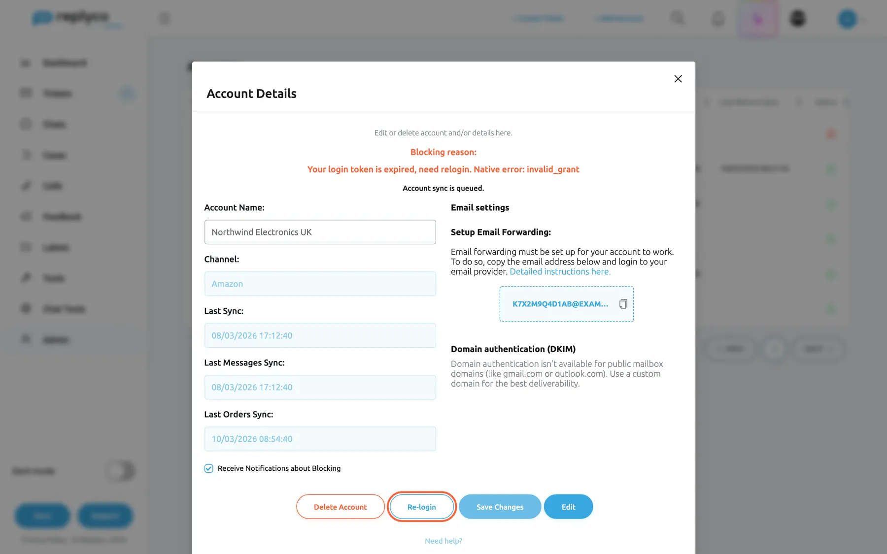 The details of the Amazon account Northwind Electronics UK, opened from the Accounts list in Replyco. The account is blocked: after Blocking reason the text says the login token is expired and a new login is needed. Below the account's name and sync dates, the Re-login button is highlighted. Selecting Re-login opens Amazon Seller Central to sign in again; when you come back, the block and the reason are cleared and syncing resumes.