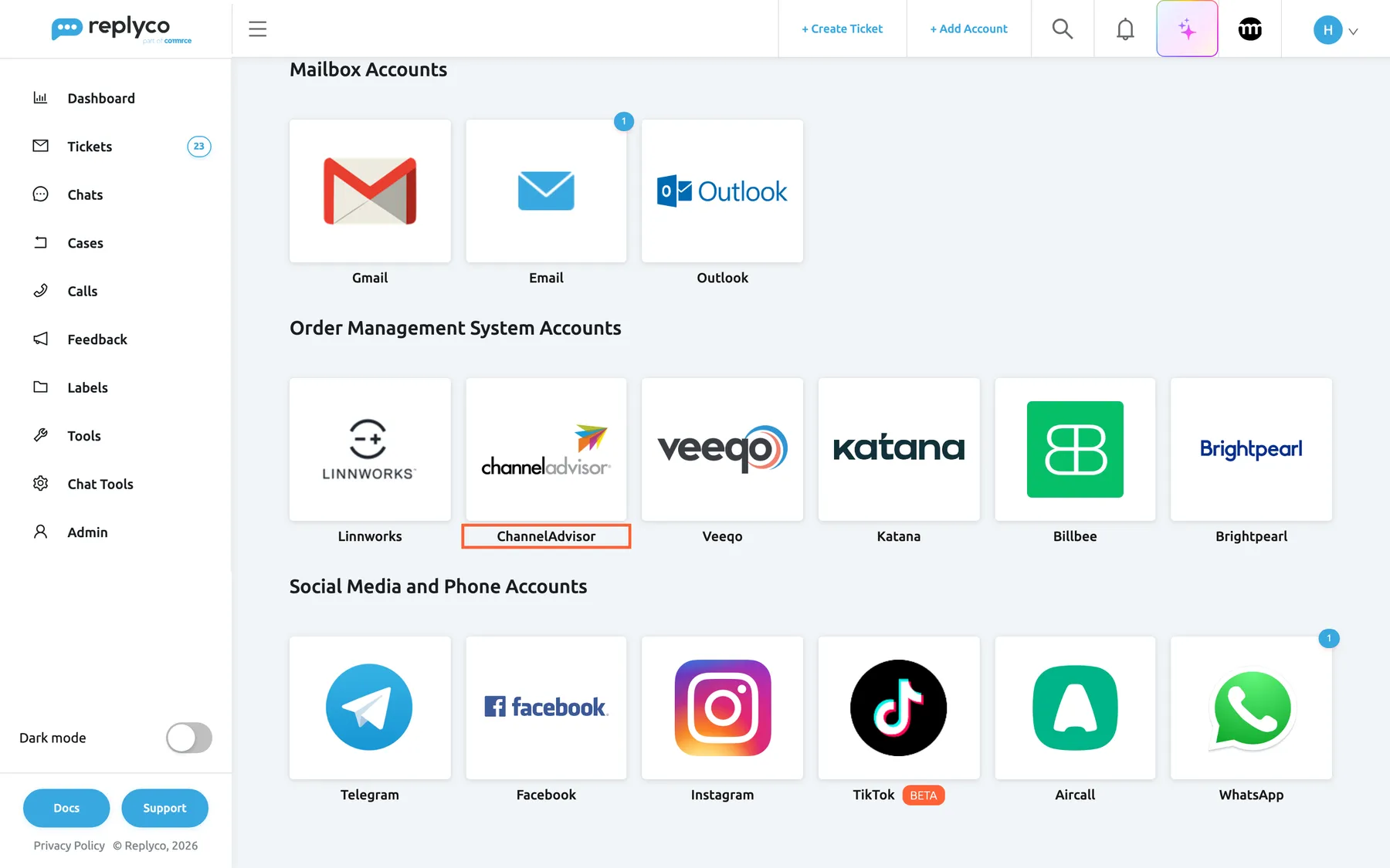 The lower part of the Add Account page in Replyco, opened with + Add Account in the top bar. Under Mailbox Accounts (Gmail, Email, Outlook) comes the group Order Management System Accounts with six tiles: Linnworks, ChannelAdvisor, Veeqo, Katana, Billbee and Brightpearl. The ChannelAdvisor tile is highlighted; selecting it opens the dialog that connects ChannelAdvisor to Replyco by signing in to ChannelAdvisor. The group Social Media and Phone Accounts starts below.