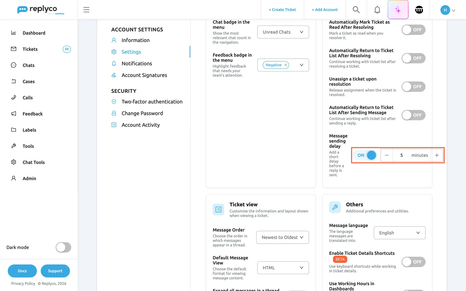 The Settings tab of Account Settings in Replyco, scrolled to the lower half of the Reply & Resolving workflow card on the right. Above it are the switches Automatically Mark Ticket as Read After Resolving, Automatically Return to Ticket List After Resolving, Unassign a ticket upon resolution and Automatically Return to Ticket List After Sending Message, all OFF. The highlighted row is Message sending delay, with the helper text "Add a short delay before a reply is sent.": its switch is ON and the minutes field next to it shows 5 minutes, with minus and plus buttons. With a delay set, every reply you send waits that many minutes. A Save button appears at the bottom of the page after a change.