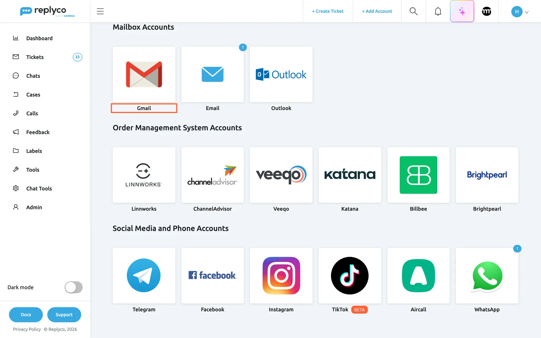 The Add Account page in Replyco, opened with + Add Account in the top bar and scrolled to the group Mailbox Accounts. The group has three tiles: Gmail, Email and Outlook. Below it follow the Order Management System Accounts, with Linnworks, ChannelAdvisor, Veeqo, Katana, Billbee and Brightpearl, and the Social Media and Phone Accounts. The Gmail tile, first in the Mailbox Accounts row, is highlighted; selecting it opens the dialog Authorize Replyco to sync with Gmail at its first step, INFO.