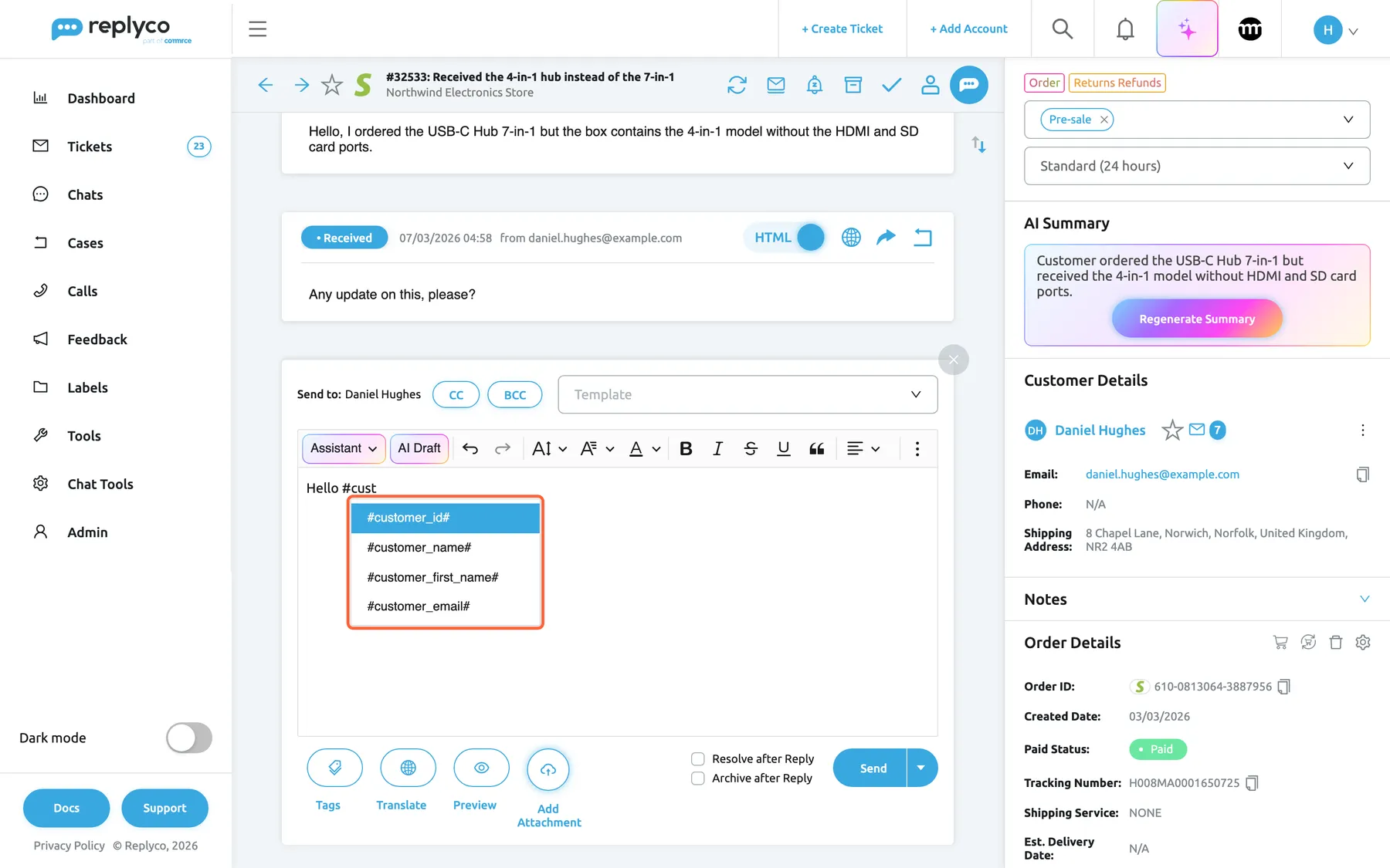 The reply editor of ticket #32533 "Received the 4-in-1 hub instead of the 7-in-1", addressed to Daniel Hughes. In the text box, after "Hello", the typed "#cust" has opened the highlighted placeholder list under the cursor. It shows the four placeholders whose names contain "cust": "#customer_id#" (selected), "#customer_name#", "#customer_first_name#" and "#customer_email#". Enter or a click inserts the chosen placeholder. On the right, the ticket's Order Details show the order ID 610-0813064-3887956 and the tracking number H008MA0001650725 that the order placeholders will use.