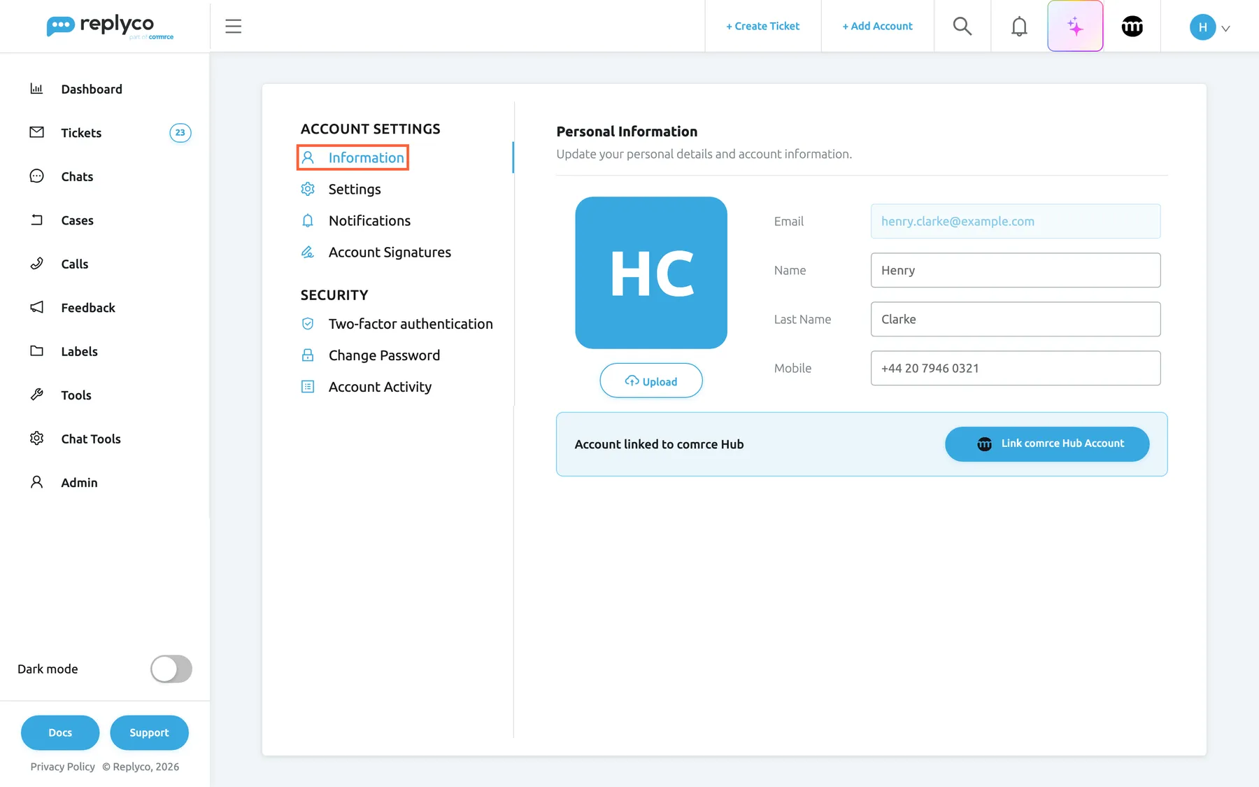 The Account Settings screen in Replyco with the Information tab selected and highlighted in the tab list on the left. The list has two groups: Account Settings with Information, Settings, Notifications and Account Signatures, and Security with Two-factor authentication, Change Password and Account Activity. On the right, Personal Information shows a blue square with the initials HC and an Upload button under it, then Email henry.clarke@example.com in a locked field, Name Henry, Last Name Clarke and Mobile +44 20 7946 0321. Below is the box Account linked to comrce Hub with the button Link comrce Hub Account.
