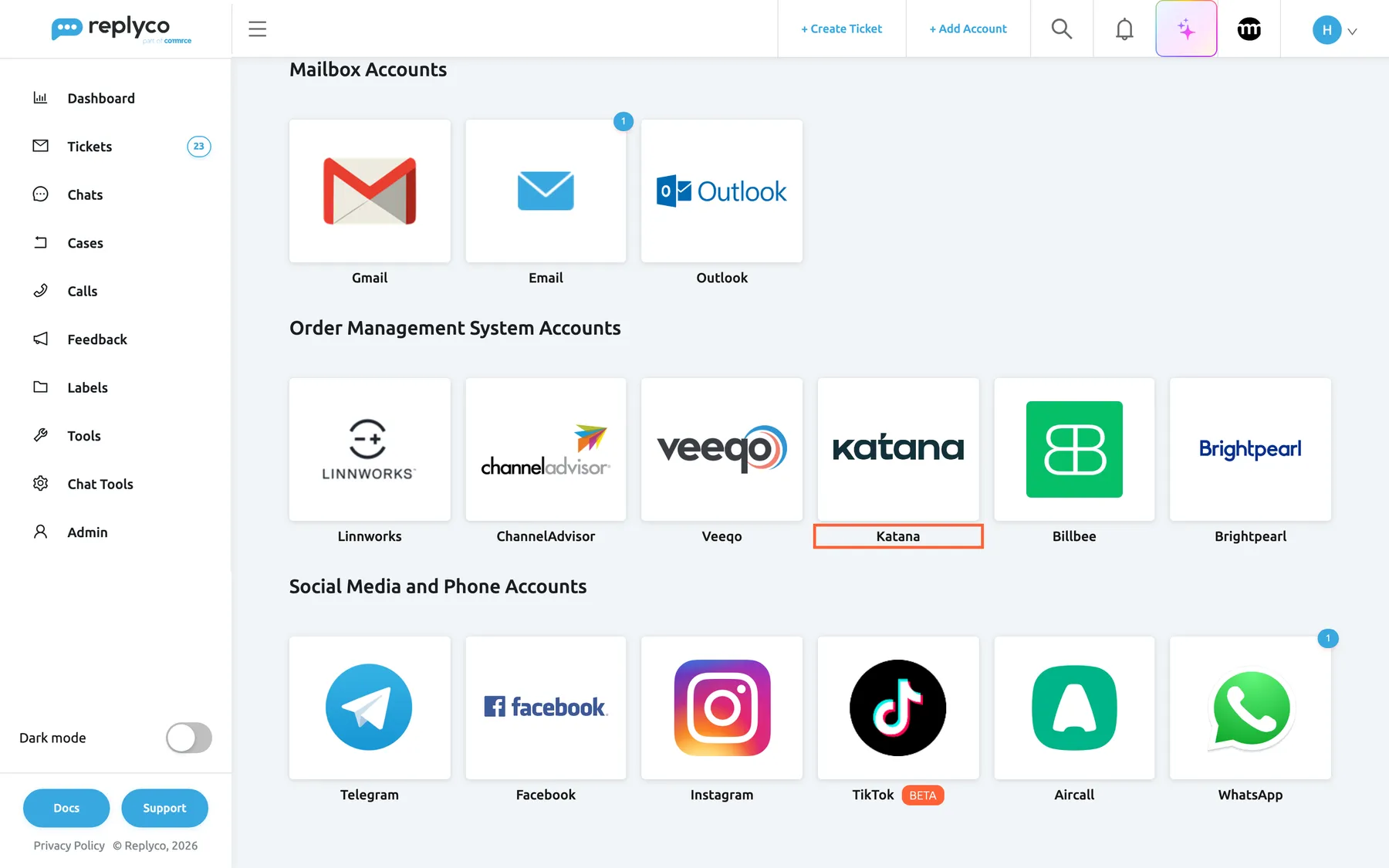 The lower part of the Add Account page in Replyco, opened with + Add Account in the top bar. Under Mailbox Accounts (Gmail, Email, Outlook) comes the group Order Management System Accounts with six tiles: Linnworks, ChannelAdvisor, Veeqo, Katana, Billbee and Brightpearl. The Katana tile is highlighted; selecting it opens the dialog that connects Katana to Replyco by signing in to Katana. The group Social Media and Phone Accounts starts below.