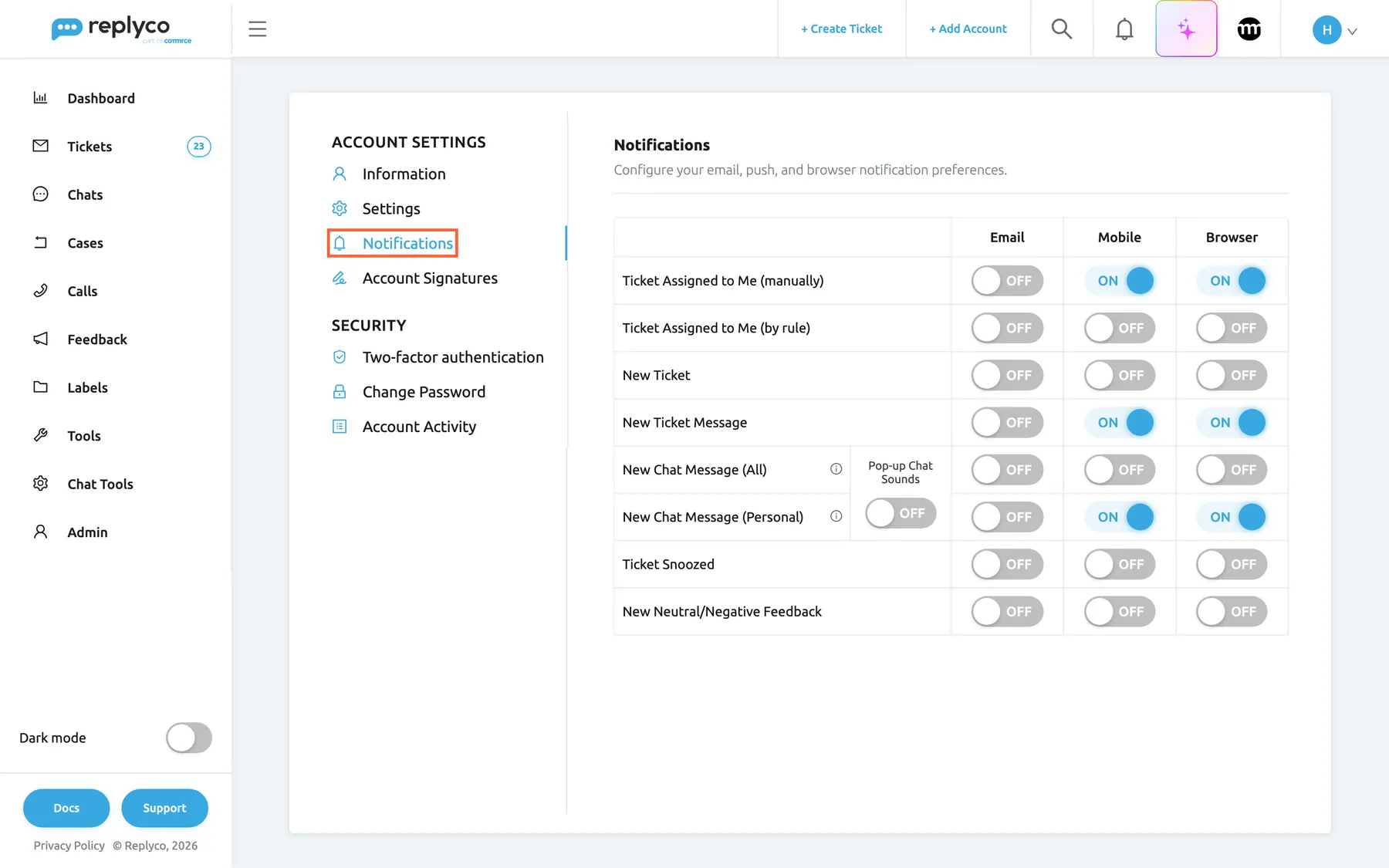 Account Settings in Replyco with the Notifications tab highlighted and selected in the menu on the left, under Information and Settings. On the right, under the heading Notifications and the line "Configure your email, push, and browser notification preferences.", a table has one row per event and three columns of switches, Email, Mobile and Browser. Ticket Assigned to Me (manually), New Ticket Message and New Chat Message (Personal) are ON for Mobile and Browser; every Email switch is OFF. The two chat rows share a Pop-up Chat Sounds switch, which is OFF.