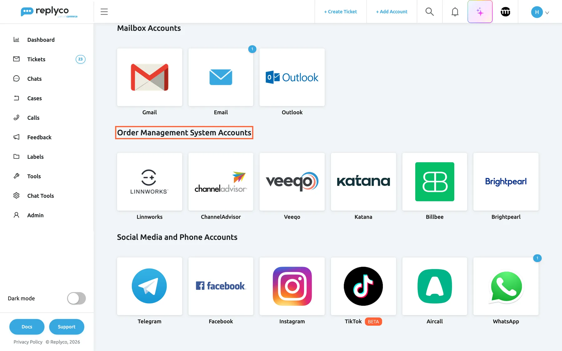 The lower part of the Add Account page. Mailbox Accounts has three tiles: Gmail, Email with a badge 1 and Outlook. The highlighted heading Order Management System Accounts has Linnworks, ChannelAdvisor, Veeqo, Katana, Billbee and Brightpearl. Social Media and Phone Accounts follows with Telegram, Facebook, Instagram, TikTok with a BETA label, Aircall and WhatsApp with a badge 1. Selecting any tile opens the connection dialog for that channel.
