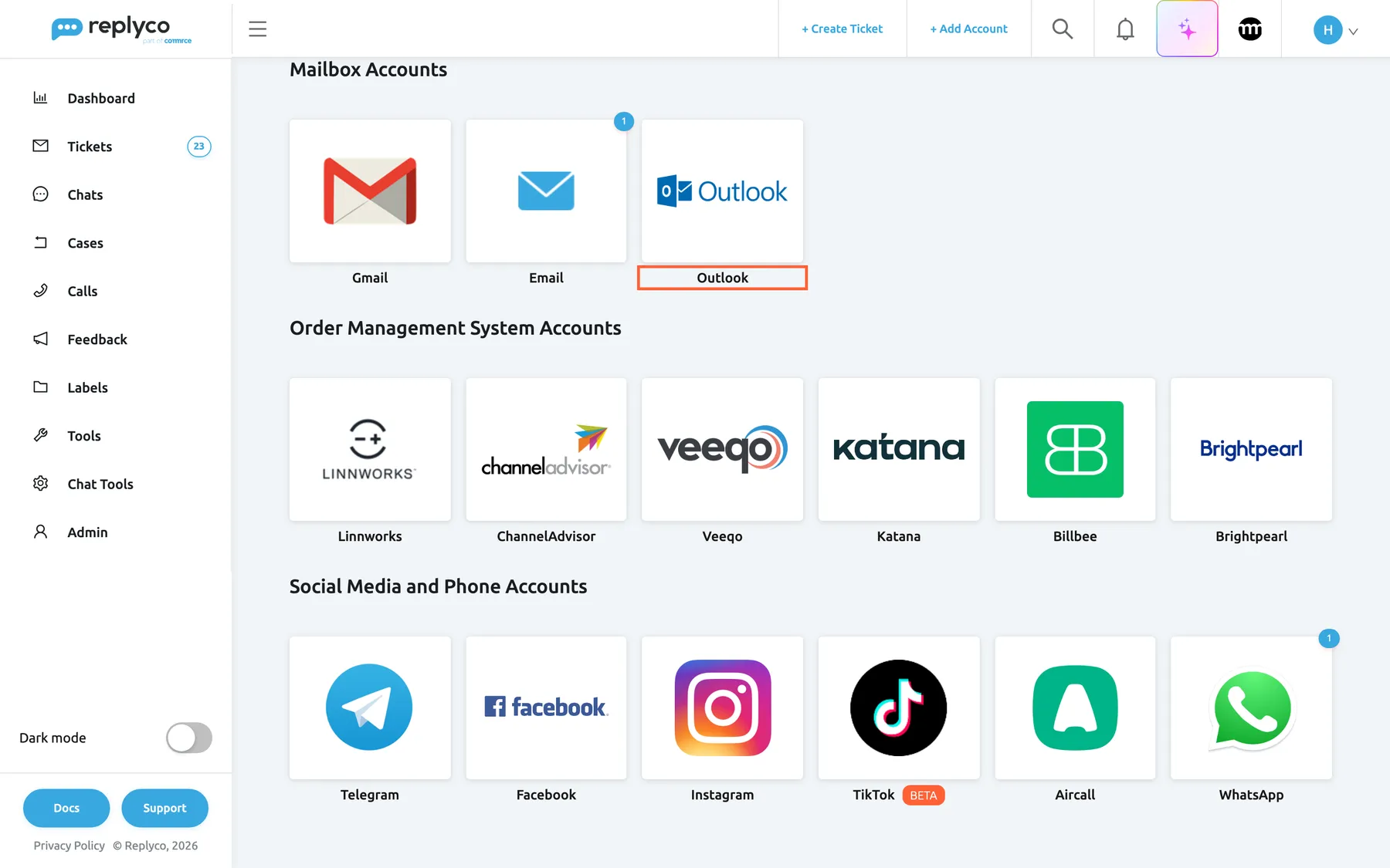 The Add Account page in Replyco, opened with + Add Account in the top bar and scrolled to the group Mailbox Accounts. The group has three tiles: Gmail, Email and Outlook. Below it follow the Order Management System Accounts, with Linnworks, ChannelAdvisor, Veeqo, Katana, Billbee and Brightpearl, and the Social Media and Phone Accounts. The Outlook tile, third in the Mailbox Accounts row, is highlighted; selecting it opens the dialog Authorize Replyco to sync with Outlook at its step AUTHORIZE.