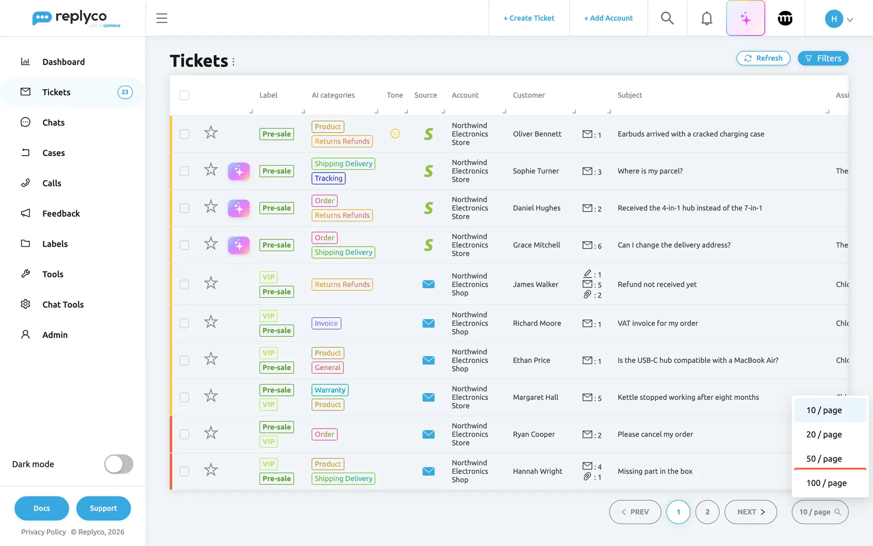 The Not Resolved ticket list in Replyco with ten tickets on the page. At the bottom right, next to the PREV, 1, 2 and NEXT buttons, the page-size changer showing 10 / page is open. Its list offers 10 / page, 20 / page, 50 / page and 100 / page; the last option, 100 / page, is highlighted. Choosing it shows up to 100 tickets on one page, and the ticket Export covers exactly the tickets on the page you are looking at.