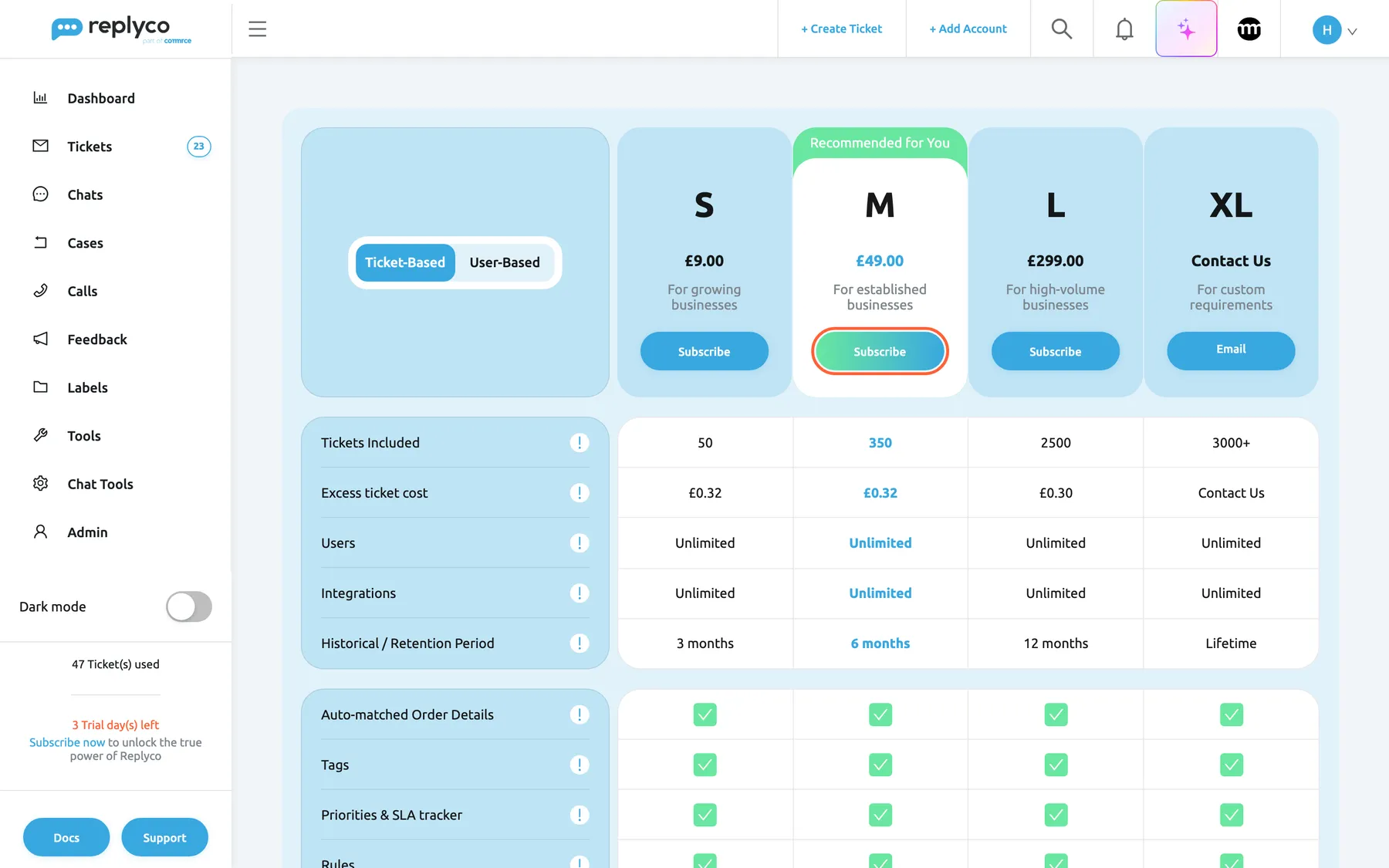 The plan comparison in Replyco for a company on its trial. At the top left, the toggle has Ticket-Based selected and User-Based beside it. Four plan columns follow: S at £9.00 For growing businesses, M at £49.00 For established businesses under the green banner Recommended for You, L at £299.00 For high-volume businesses, each with a Subscribe button, and XL with Contact Us, For custom requirements and an Email button. The Subscribe button of M is highlighted. Below, the rows Tickets Included (50, 350, 2500, 3000+), Excess ticket cost (£0.32, £0.32, £0.30, Contact Us), Users, Integrations and Historical / Retention Period, then the feature rows. The sidebar shows 3 Trial day(s) left.