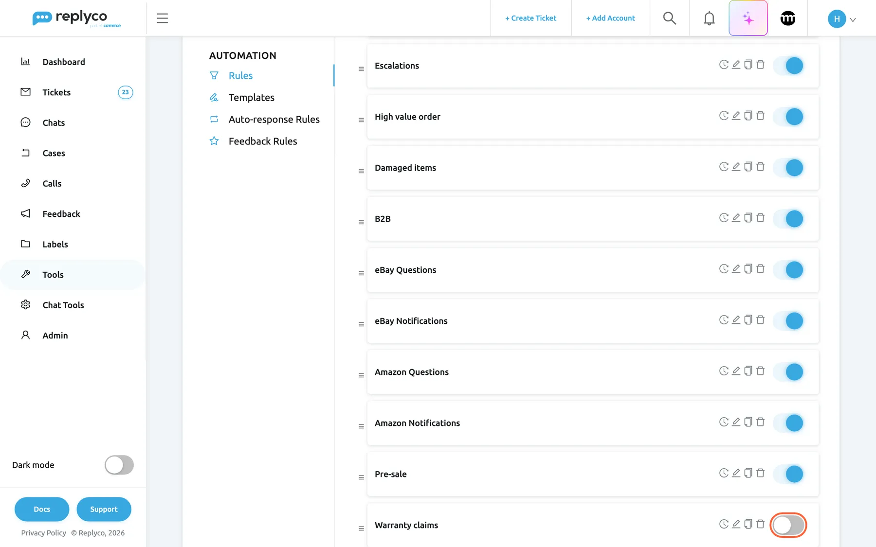 The Rules tab of Tools › Automation, scrolled to the end of the list of twelve Northwind rules, which run from top to bottom. Below the first two, "SLA Allocation" and "Cancellations", which are scrolled out of view, come "Escalations", "High value order", "Damaged items", "B2B", "eBay Questions", "eBay Notifications", "Amazon Questions", "Amazon Notifications", "Pre-sale" and "Warranty claims". Each card has a drag handle, the history, edit, copy and delete icons and a switch. The highlighted switch of the last rule, "Warranty claims", is off, so that rule is kept but does not run.