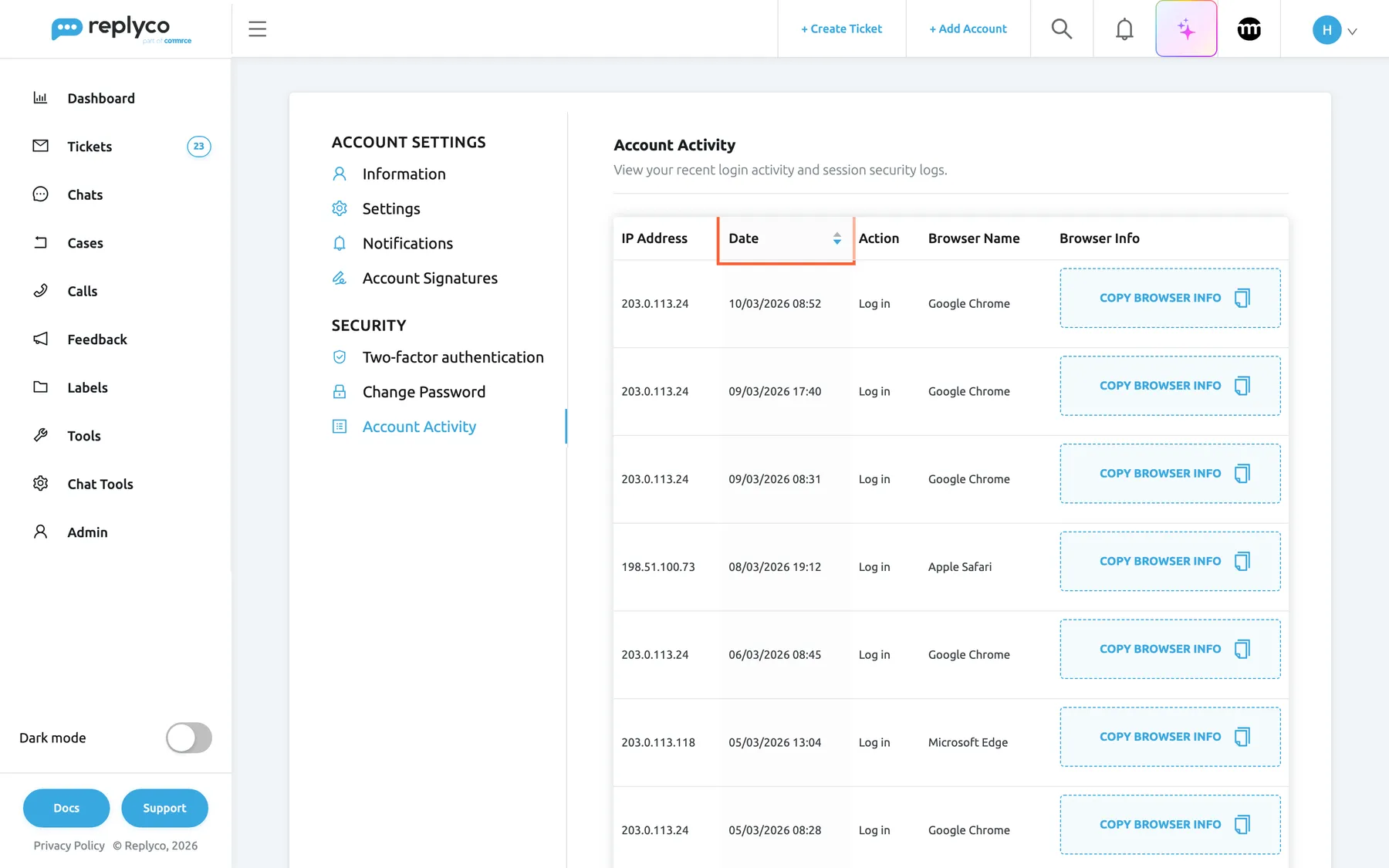 The Account Activity tab under Security in Account Settings. A table lists Henry Clarke's sign-ins, newest first, with the columns IP Address, Date, Action, Browser Name and Browser Info. The Date column header, with its sort arrows, is highlighted. The rows read 203.0.113.24, 10/03/2026 08:52, Log in, Google Chrome; then 09/03/2026 17:40 and 08:31 from the same address; 198.51.100.73, 08/03/2026 19:12, Apple Safari; and 203.0.113.118, 05/03/2026 13:04, Microsoft Edge. Each row ends with a Copy Browser Info button.