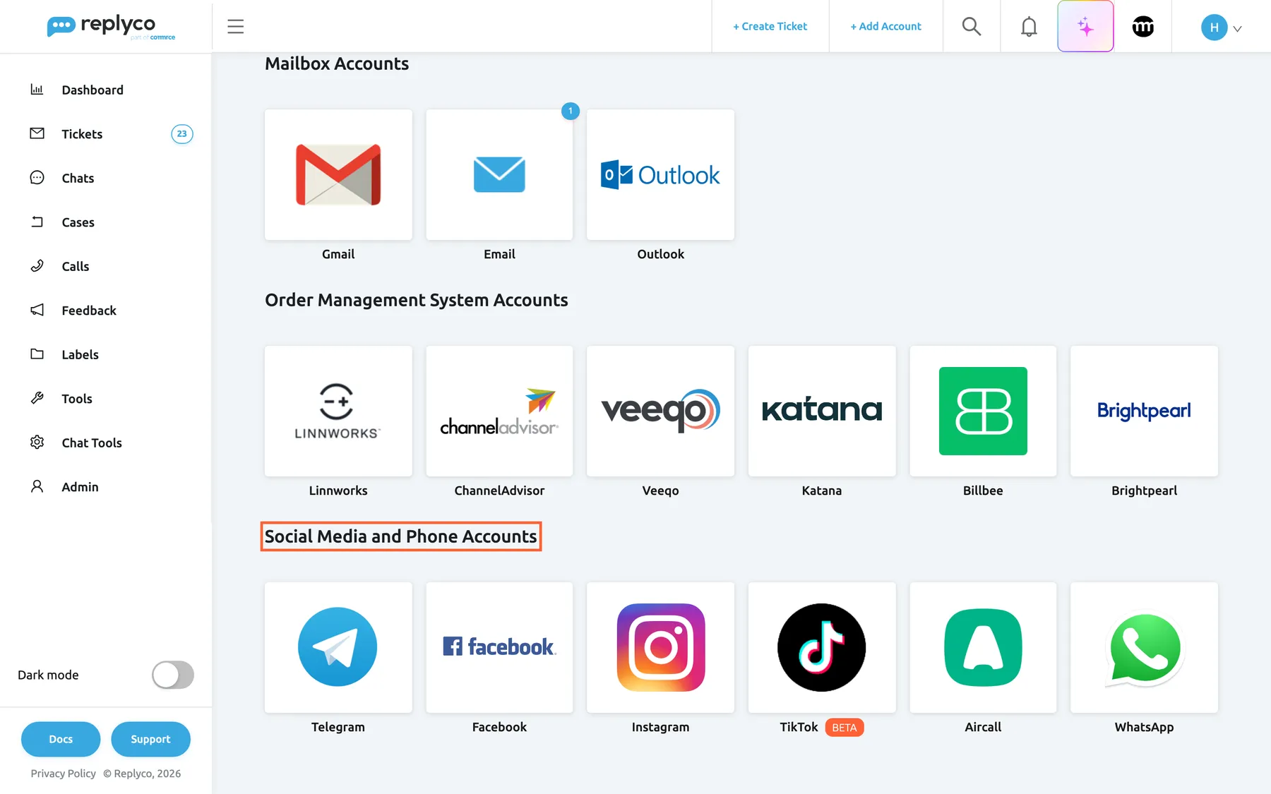 The lower part of the Add Account page in Replyco, opened with + Add Account in the top bar. Mailbox Accounts (Gmail, Email with a count badge 1, Outlook) and Order Management System Accounts (Linnworks, ChannelAdvisor, Veeqo, Katana, Billbee, Brightpearl) come first. The highlighted heading Social Media and Phone Accounts introduces the last group, with six tiles: Telegram, Facebook, Instagram, TikTok with a BETA label, Aircall and WhatsApp. Selecting a tile opens the connection dialog of that channel.