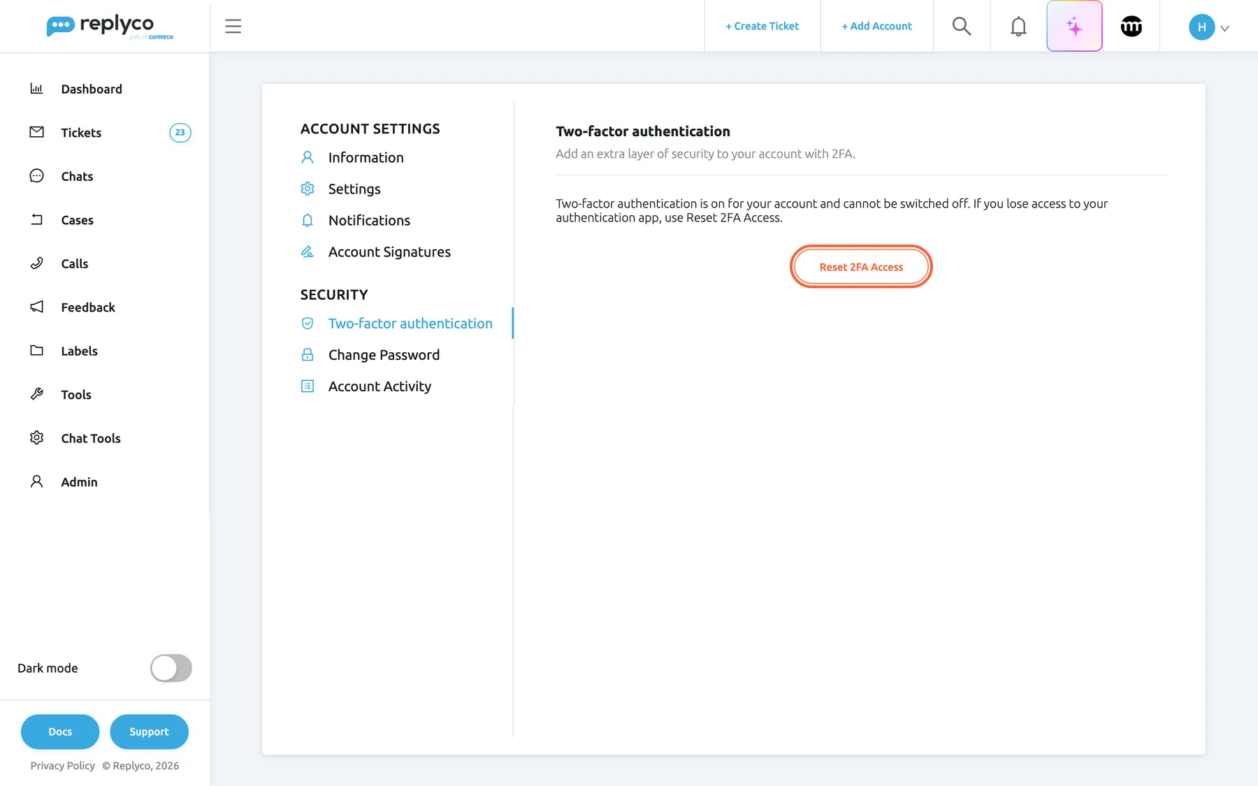The Two-factor authentication tab under Security in Account Settings, for a user who has it set up. Under the heading and its line Add an extra layer of security to your account with 2FA, the text says Two-factor authentication is on for your account and cannot be switched off. If you lose access to your authentication app, use Reset 2FA Access. Below it the red-outlined button Reset 2FA Access is highlighted; it starts a three-step reset that ends with a new QR code for your authenticator app.
