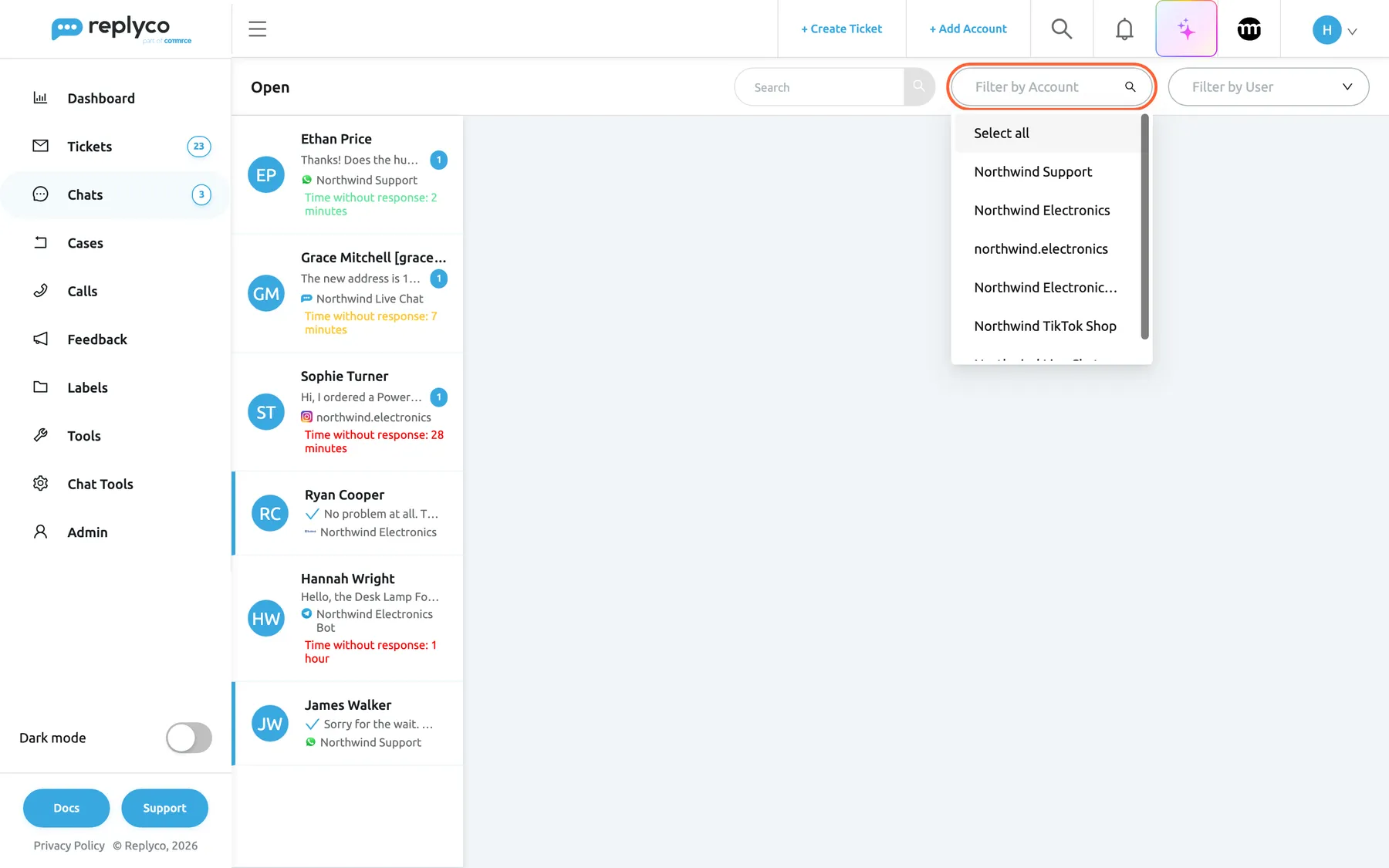 The Open chat list in Replyco with the Filter by Account select open at the top right. The highlighted select lists Select all, then the chat accounts: Northwind Support (WhatsApp), Northwind Electronics (Facebook Messenger), northwind.electronics (Instagram), Northwind Electronics Bot (Telegram), Northwind TikTok Shop and, further down, the Northwind Live Chat widget. Behind it the six open chats stay listed. Choosing one or more accounts reloads the list with only their chats and closes any conversation that is open.