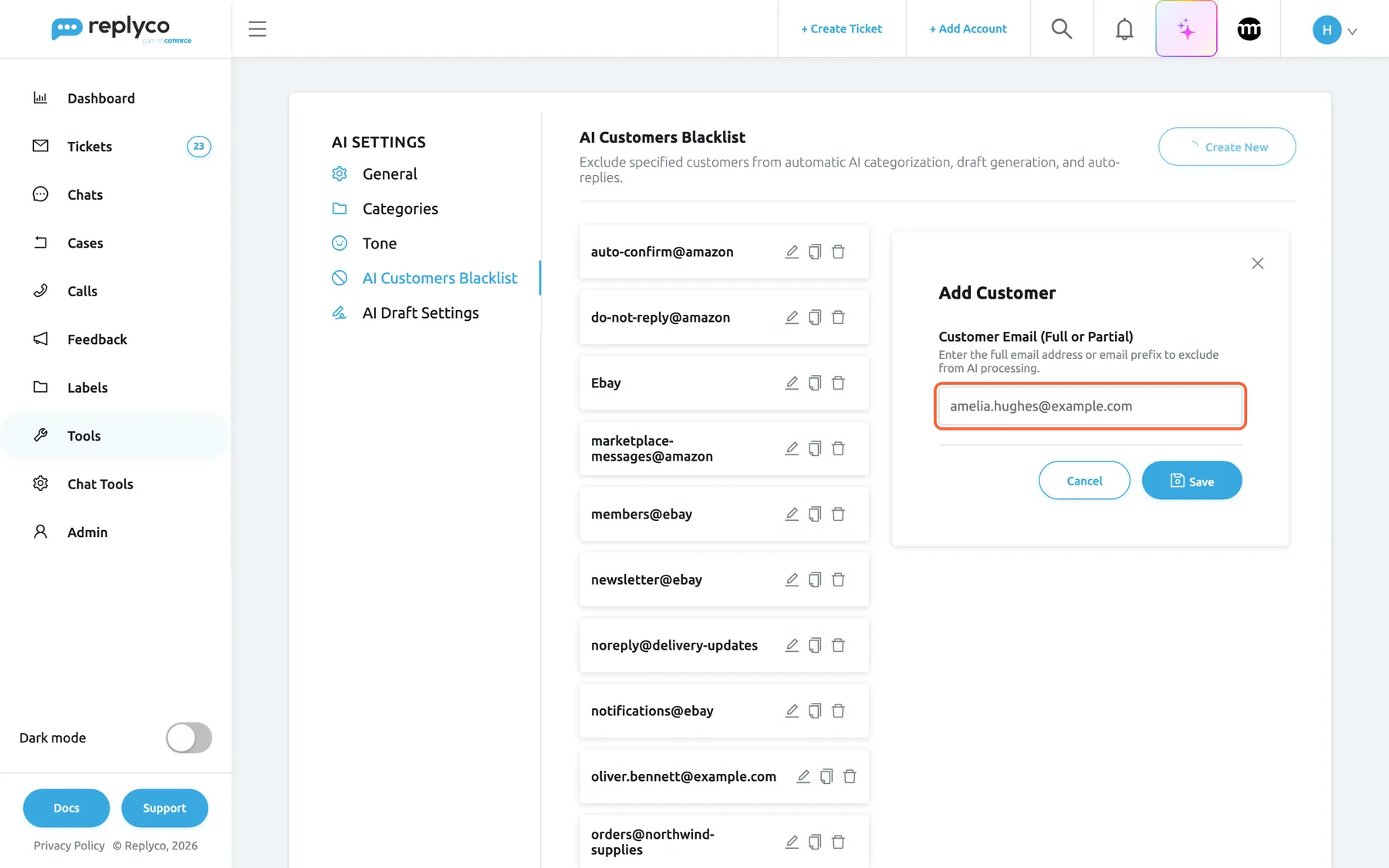 The AI Customers Blacklist tab after Create New. The list of entries narrows to the left, and the Add Customer form opens on the right with a close cross in its corner. Under Customer Email (Full or Partial) and its description "Enter the full email address or email prefix to exclude from AI processing.", the highlighted text box holds amelia.hughes@example.com, a supplier's address. Below are the buttons Cancel and Save.