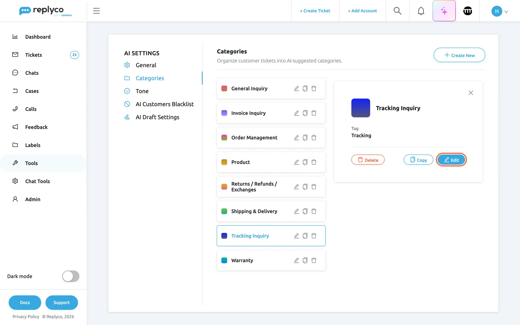 The Categories tab of AI Settings after selecting the card Tracking Inquiry, which is now outlined in blue while the list narrows to the left. The details panel on the right shows the category's blue gradient swatch and its name Tracking Inquiry as the heading, the row Tag with the value Tracking, and a close cross in the corner. At the bottom are the red Delete button, Copy and the highlighted Edit button, which opens the Edit Category form for this category.