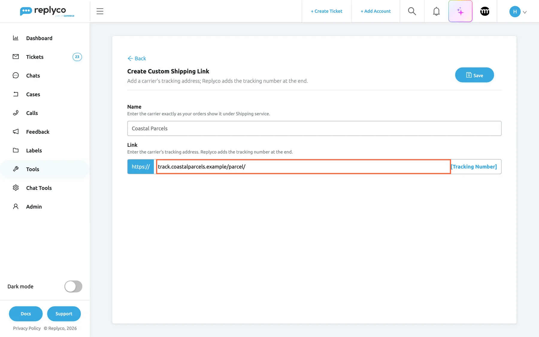The form Create Custom Shipping Link, opened with Create New on the Custom Shipping Links screen. At the top are Back and, on the right, Save. The field Name, described as "Enter the carrier exactly as your orders show it under Shipping service.", holds "Coastal Parcels". Below, the Link field is highlighted: it starts with a fixed "https://" box, holds "track.coastalparcels.example/parcel/" and ends with the blue marker "[Tracking Number]", where Replyco adds the order's tracking number. Save stores the link and returns to the list.