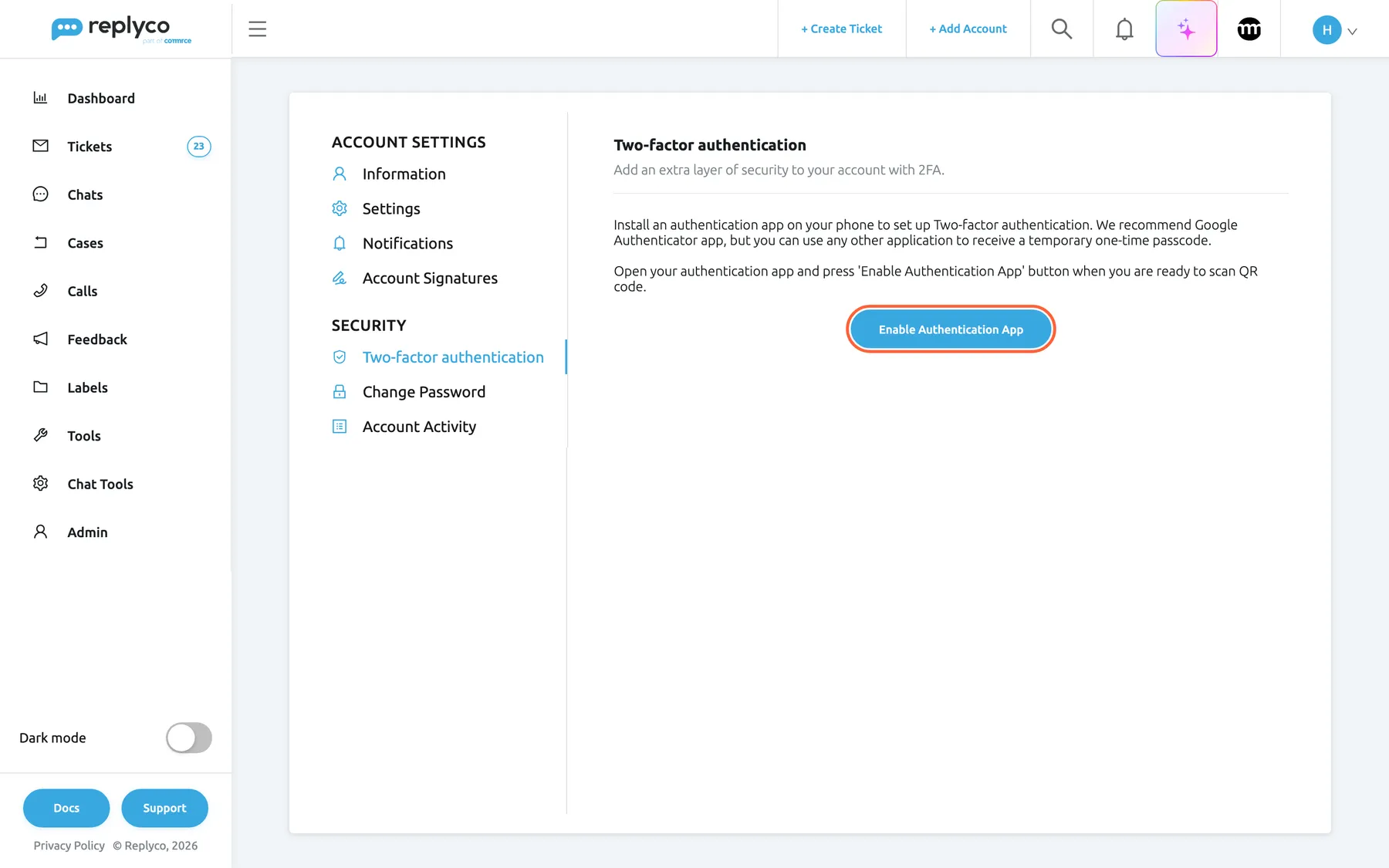 The Two-factor authentication tab for a user who has not set it up yet. Two paragraphs explain the steps: Install an authentication app on your phone to set up Two-factor authentication, with Google Authenticator recommended but any app for one-time passcodes allowed, and Open your authentication app and press 'Enable Authentication App' button when you are ready to scan QR code. The blue button Enable Authentication App below is highlighted; it asks for your password next.