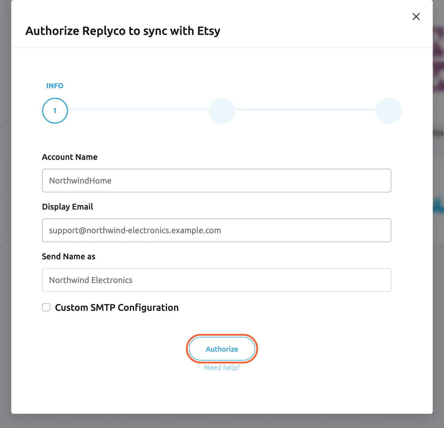 The dialog Authorize Replyco to sync with Etsy at its first step, INFO, with three steps in the progress bar. Account Name is filled in with NorthwindHome, Display Email with support@northwind-electronics.example.com and Send Name as with Northwind Electronics; the Custom SMTP Configuration check box below is unticked. The Authorize button is highlighted; selecting it keeps these details and moves the dialog to the step that sends you to Etsy. A Need help? link sits under the button.