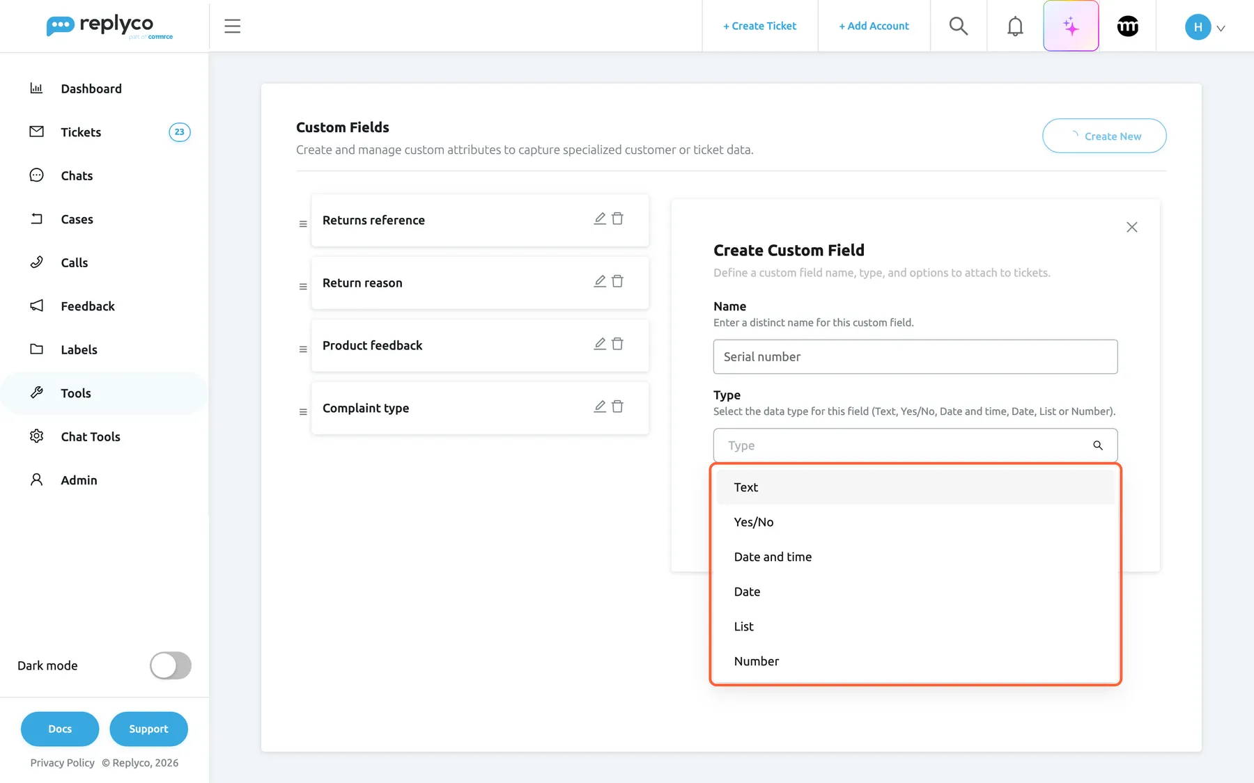 The Custom Fields screen after Create New. The list narrows to the left and the Create Custom Field form opens on the right with the description "Define a custom field name, type, and options to attach to tickets." Name holds Serial number. Under Type, with the description "Select the data type for this field (Text, Yes/No, Date and time, Date, List or Number).", the drop-down is open and highlighted, listing Text, Yes/No, Date and time, Date, List and Number. While the form is open, Create New at the top shows a spinner.