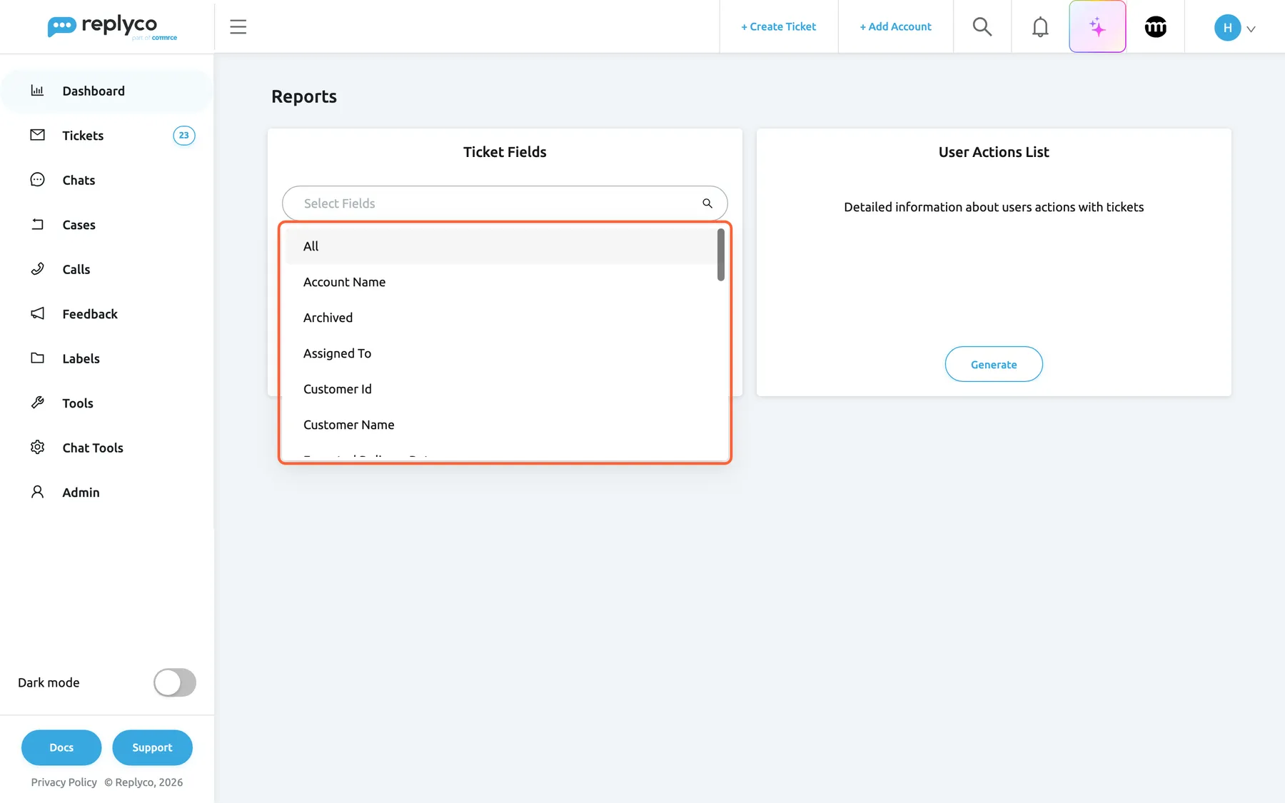 The Ticket Fields card on the Reports screen in Replyco, opened with Generate. The Select Fields drop-down at the top of the card is open and its option list is highlighted: All, Account Name, Archived, Assigned To, Customer Id and Customer Name, with more options below when you scroll. The User Actions List card on the right is still closed and shows its Generate button. Choosing options adds them as columns of the CSV file.