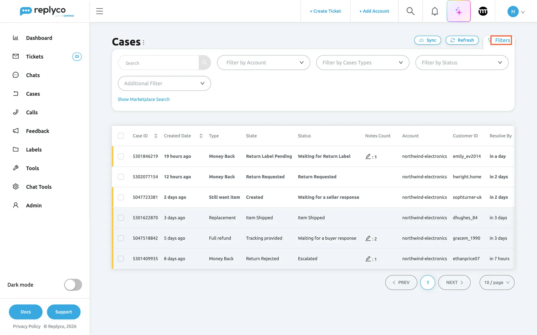 The Cases screen in Replyco with the filter panel open above the table. The Filters button at the top right is highlighted and selected. The panel holds the Search box with a magnifier, the account filter with the placeholder "Filter by Account", Filter by Cases Types, Filter by Status and Additional Filter, and under them the link Show Marketplace Search. The six open cases of northwind-electronics stay listed below. Selecting Filters again closes the panel; the filters you set stay in force.