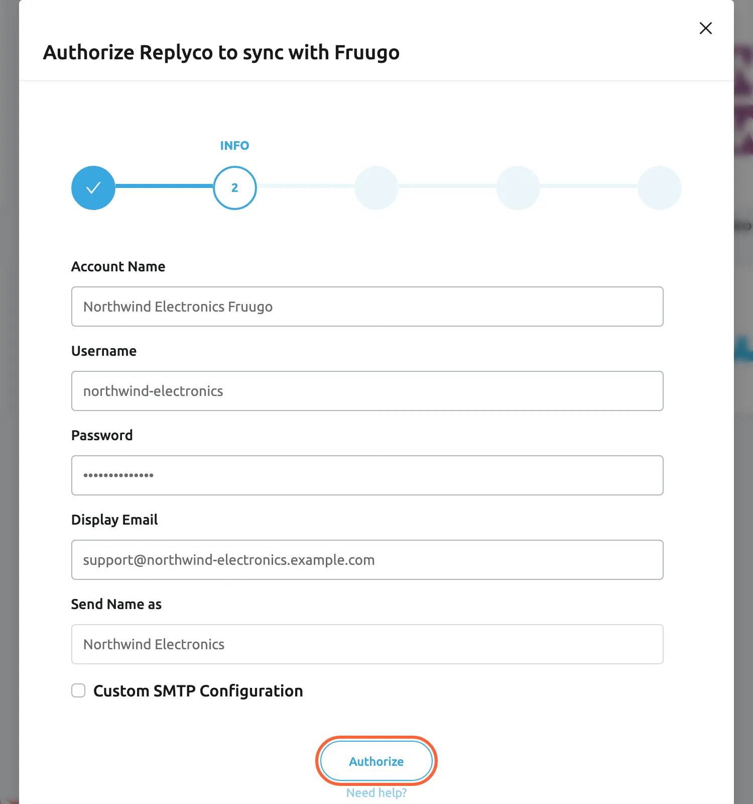 The dialog Authorize Replyco to sync with Fruugo at its second step, INFO, out of five steps; the first step, AUTHORIZE, shows a tick. Account Name is filled in with Northwind Electronics Fruugo, Username with northwind-electronics, Password with a hidden value, Display Email with support@northwind-electronics.example.com and Send Name as with Northwind Electronics; the Custom SMTP Configuration check box is unticked. The Authorize button is highlighted; selecting it checks the username and password with Fruugo and saves the account.