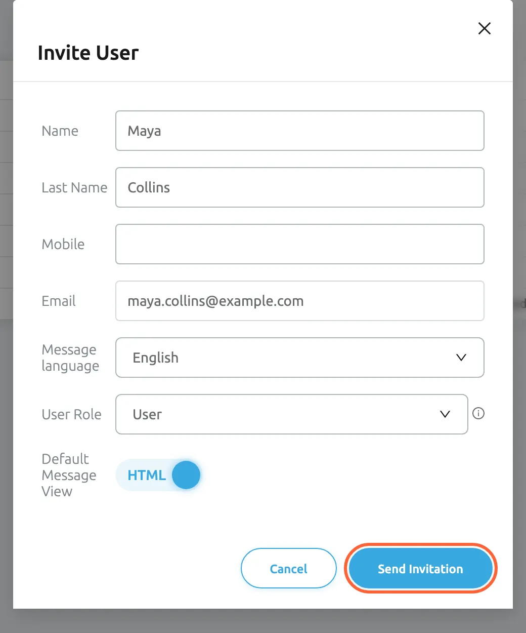 The Invite User form in Replyco, filled in for a new colleague. Name is Maya, Last Name is Collins, Mobile is empty and Email is maya.collins@example.com. Message language shows English, User Role shows User with an information icon beside it, and the Default Message View switch is on HTML. At the bottom right, next to Cancel, the blue Send Invitation button is highlighted. Selecting it asks for confirmation, then creates the user and e-mails the invitation.