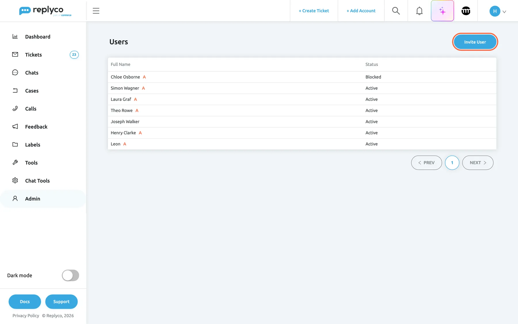 The Users screen under Admin in Replyco. A table lists the company's users with the columns Full Name and Status: Chloe Osborne (Blocked), Simon Wagner, Laura Graf, Theo Rowe, Joseph Walker, Henry Clarke and Leon, all Active; a red A beside a name marks an administrator. At the top right the blue Invite User button is highlighted. Invite User opens a form for the new user's name, e-mail address and role, and sends them an invitation.