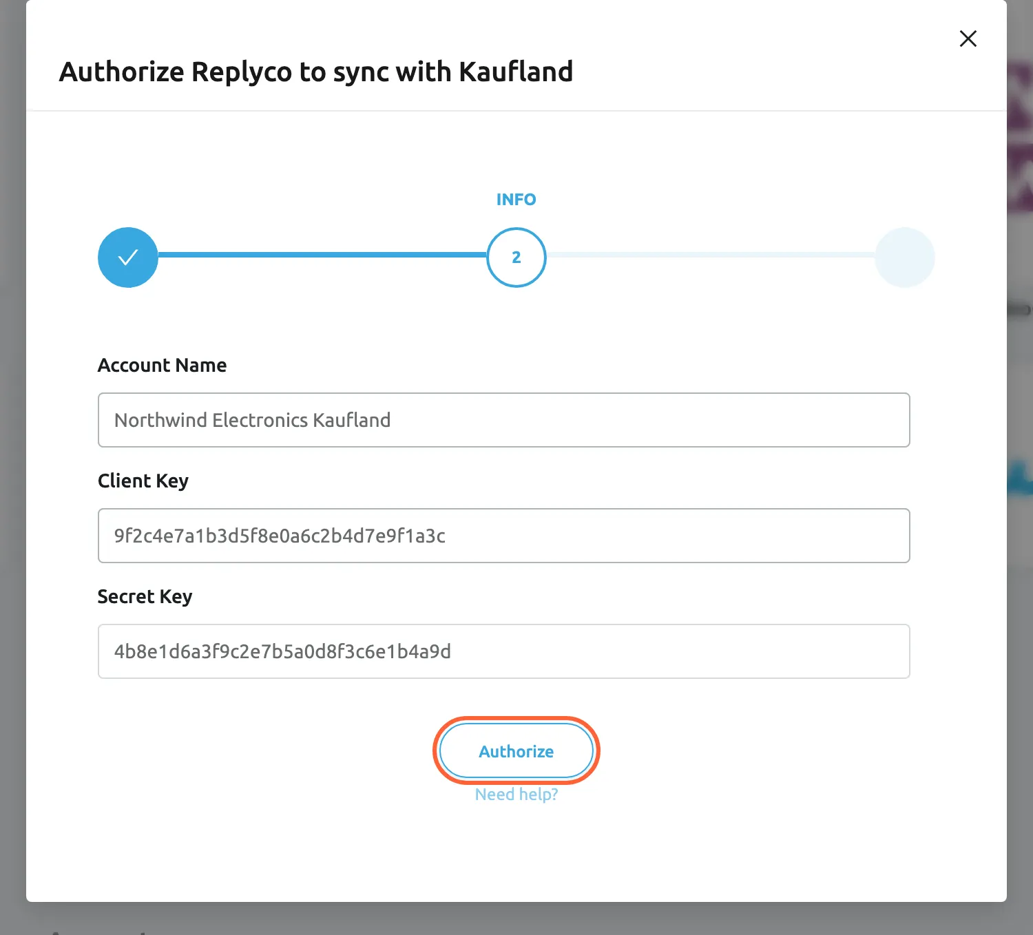 The dialog Authorize Replyco to sync with Kaufland at its second step, INFO; the first step, AUTHORIZE, shows a tick. Account Name is filled in with Northwind Electronics Kaufland, Client Key with a 32-character key and Secret Key with a second 32-character key. The Authorize button below the fields is highlighted; selecting it checks the keys with Kaufland and, when Kaufland accepts them, saves the account. A Need help? link sits under the button.