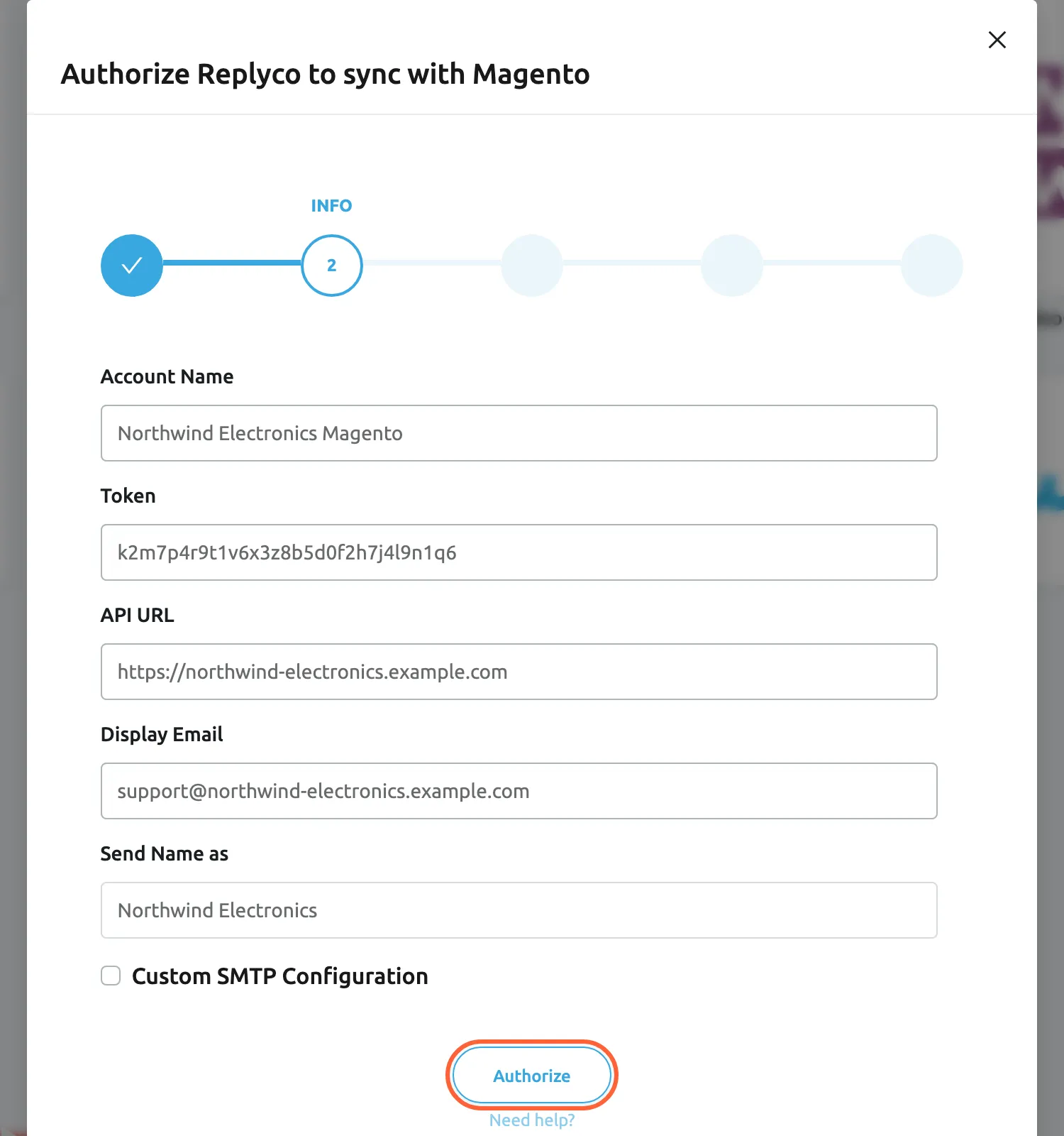 The dialog Authorize Replyco to sync with Magento at its second step, INFO, out of five steps; the first step, AUTHORIZE, shows a tick. Account Name is filled in with Northwind Electronics Magento, Token with a fictional access token, API URL with https://northwind-electronics.example.com, Display Email with support@northwind-electronics.example.com and Send Name as with Northwind Electronics; the Custom SMTP Configuration check box is unticked. The Authorize button is highlighted; selecting it saves the Magento account.