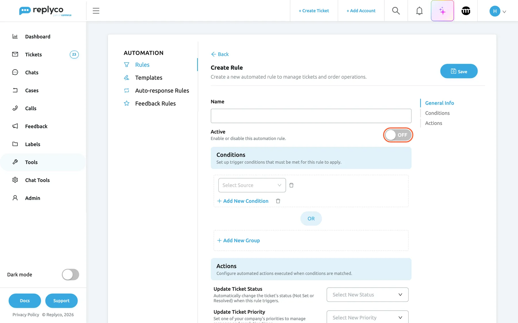 The Create Rule form on the Rules tab, opened with Create New. At the top are Back, the heading Create Rule with its description and the Save button. Below, the Name field is empty and the highlighted Active switch reads OFF: a new rule is created switched off. The Conditions section holds one group with an empty Select Source drop-down, Add New Condition and Add New Group; the Actions section starts at the bottom. A contents list on the right links General Info, Conditions and Actions.
