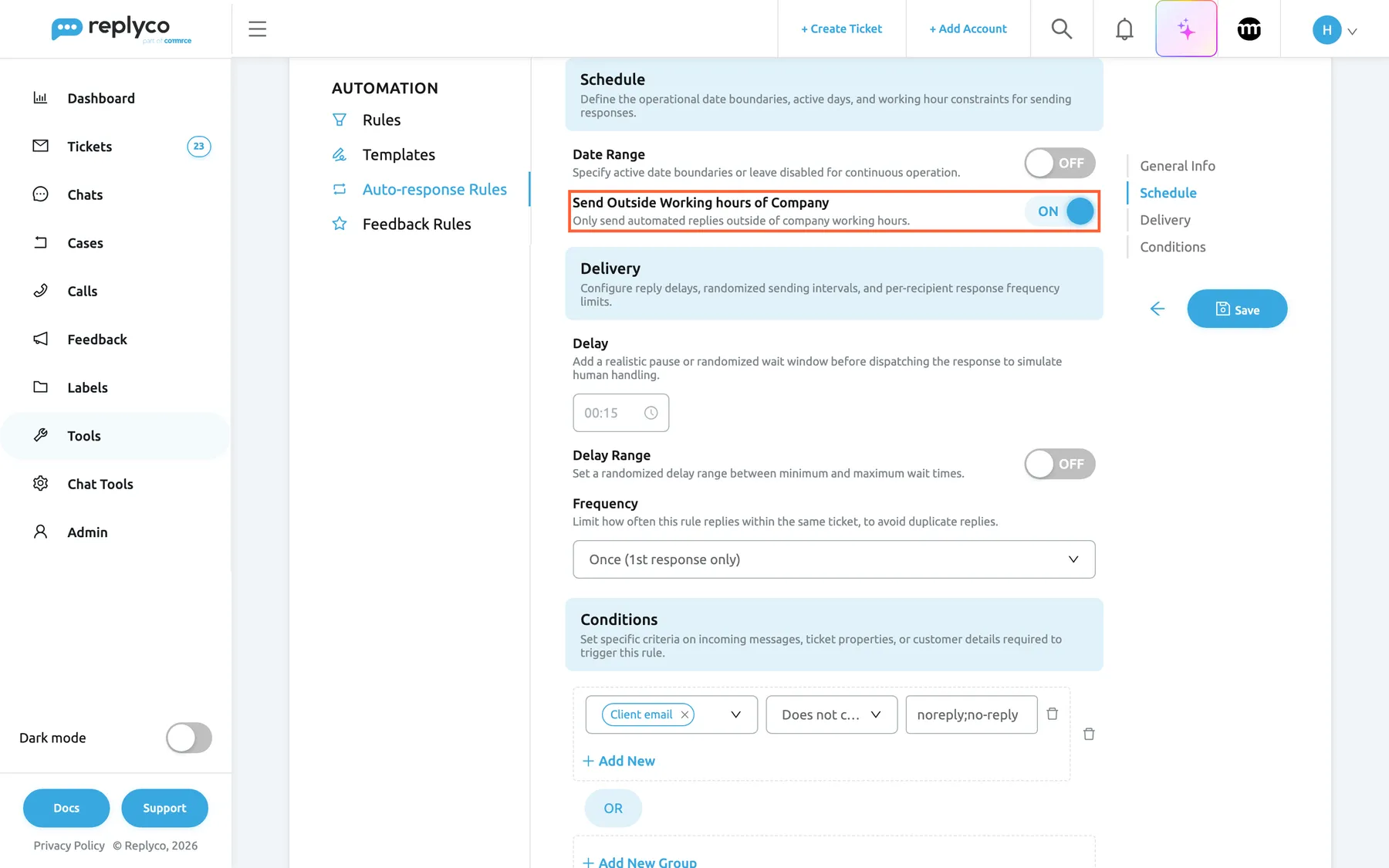 The Edit Auto-response Rule form for "Out of hours reply", scrolled to Schedule. Date Range is off. The highlighted row Send Outside Working hours of Company is on, with the description "Only send automated replies outside of company working hours."; because it is on, the form shows no days, hours or working time range of its own. Below, Delivery shows Delay 00:15 with Delay Range off and Frequency Once (1st response only), and Conditions starts with Client email, Does not contain, "noreply;no-reply". Save stays on the right.