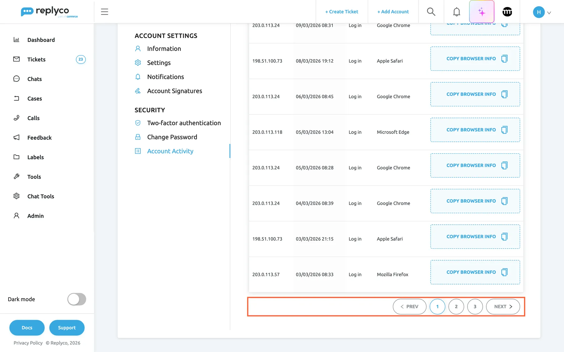 The lower part of the Account Activity table. The last rows show sign-ins on 05/03/2026 08:28 and 04/03/2026 08:39 from 203.0.113.24 in Google Chrome, 03/03/2026 21:15 from 198.51.100.73 in Apple Safari and 03/03/2026 08:33 from 203.0.113.57 in Mozilla Firefox, each with Copy Browser Info. Under the table the highlighted row of buttons PREV, 1, 2, 3 and NEXT shows that the history has more rows; page 1 is selected and holds ten sign-ins.