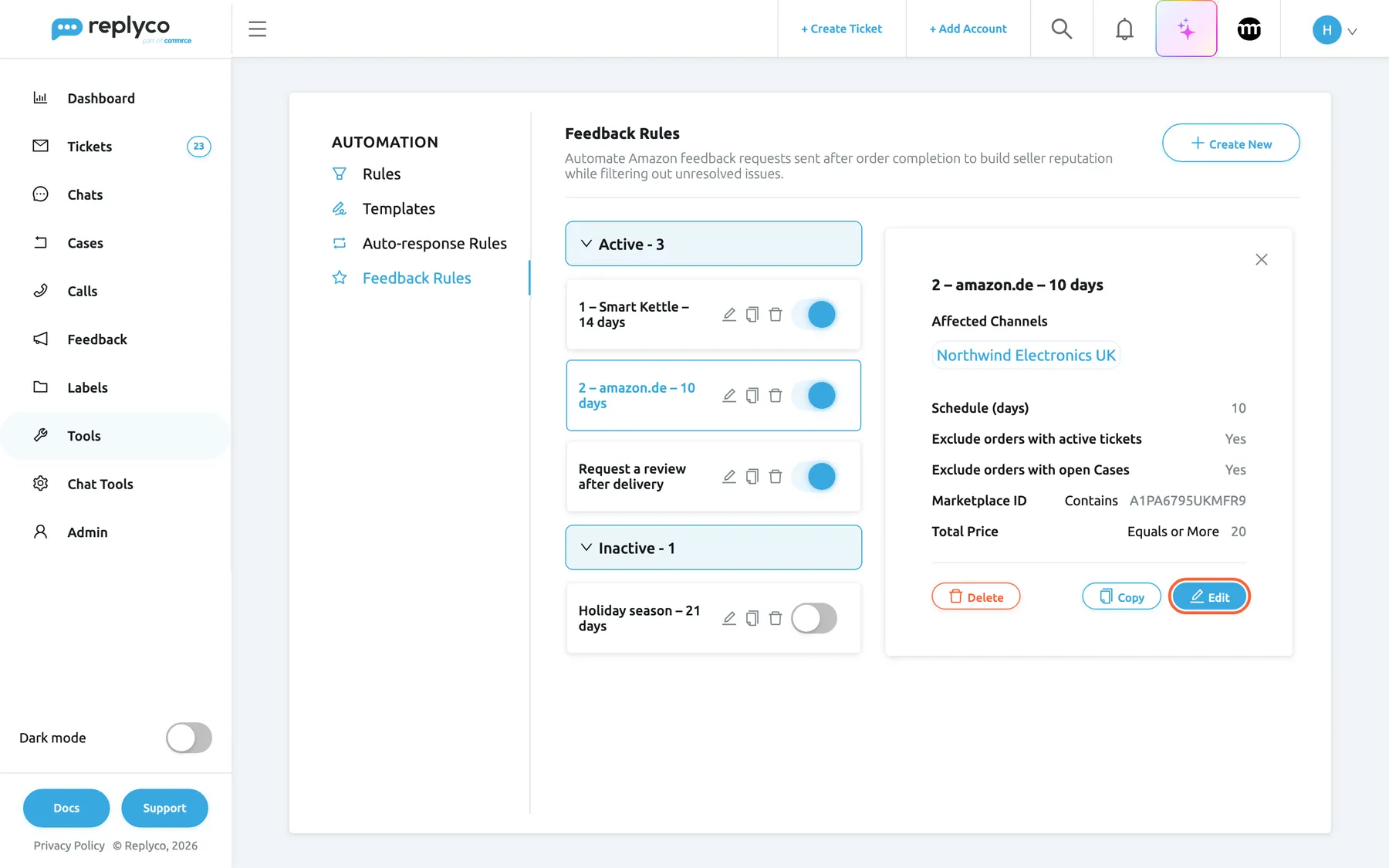 The Feedback Rules tab after selecting the rule "2 – amazon.de – 10 days". The list moves to the left, where the selected card is shown in blue, and a details panel opens on the right. It shows the rule's name as its title, Affected Channels with "Northwind Electronics UK", Schedule (days) 10, Exclude orders with active tickets Yes, Exclude orders with open Cases Yes, and the conditions Marketplace ID Contains A1PA6795UKMFR9 and Total Price Equals or More 20. At the bottom are the red Delete button, Copy and the highlighted Edit button, which opens the rule in the form.