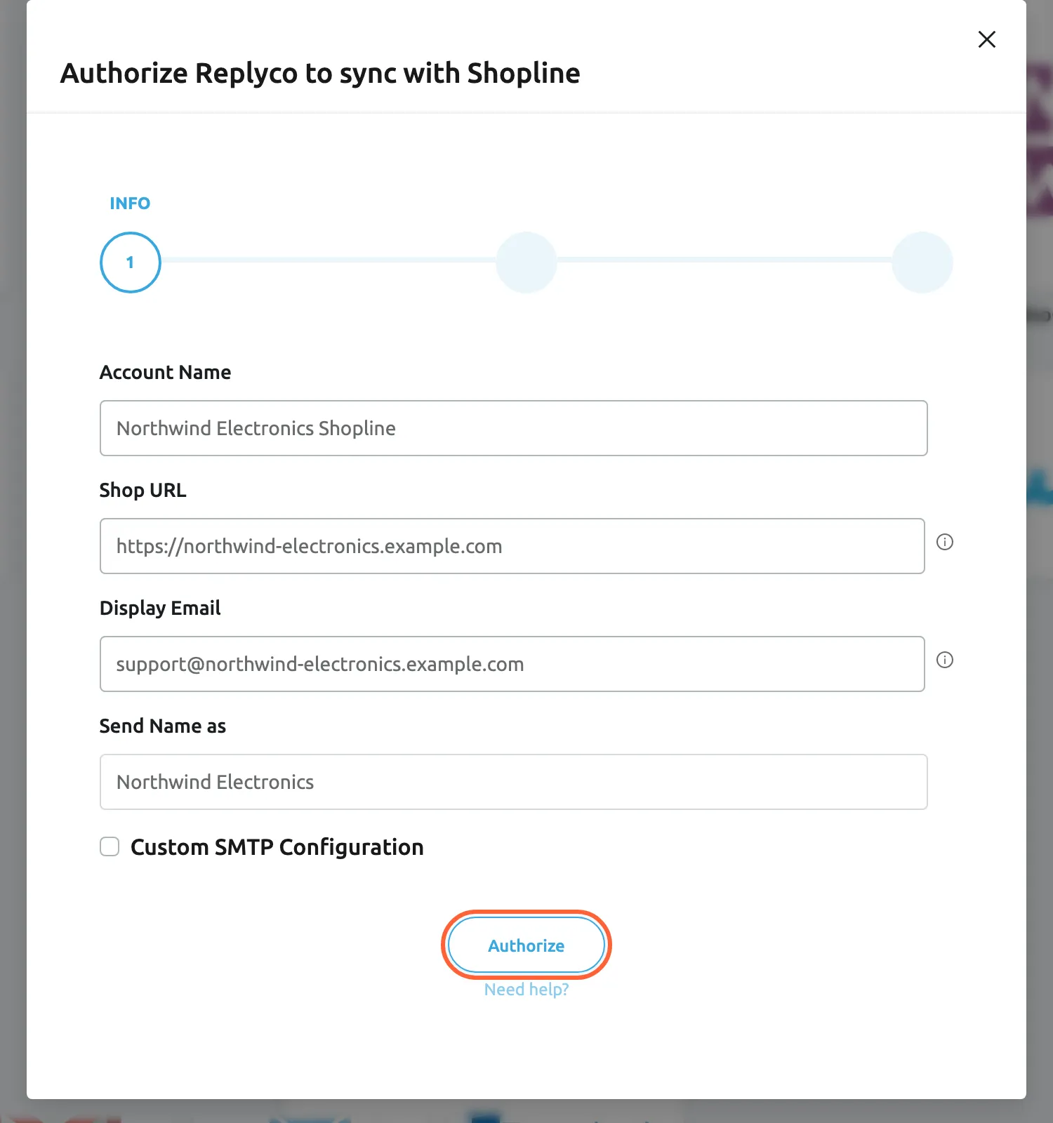 The dialog Authorize Replyco to sync with Shopline at its first step, INFO, out of three steps. Account Name is filled in with Northwind Electronics Shopline, Shop URL with https://northwind-electronics.example.com, Display Email with support@northwind-electronics.example.com and Send Name as with Northwind Electronics; Shop URL and Display Email each have an information icon, and the Custom SMTP Configuration check box is unticked. The Authorize button is highlighted; selecting it saves the account and prepares the Shopline authorisation.
