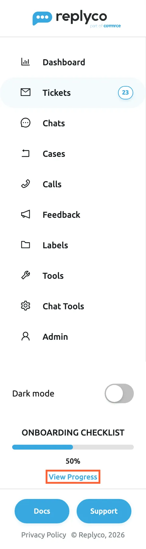 The Replyco sidebar of a new account part-way through onboarding. Below the menu from Dashboard to Admin and the Dark mode switch, the block ONBOARDING CHECKLIST shows a blue progress bar filled halfway, the value 50% and the link View Progress, which is highlighted. At the bottom are the Docs and Support buttons. The block stays in the sidebar until every step of the checklist is done; View Progress opens the checklist.