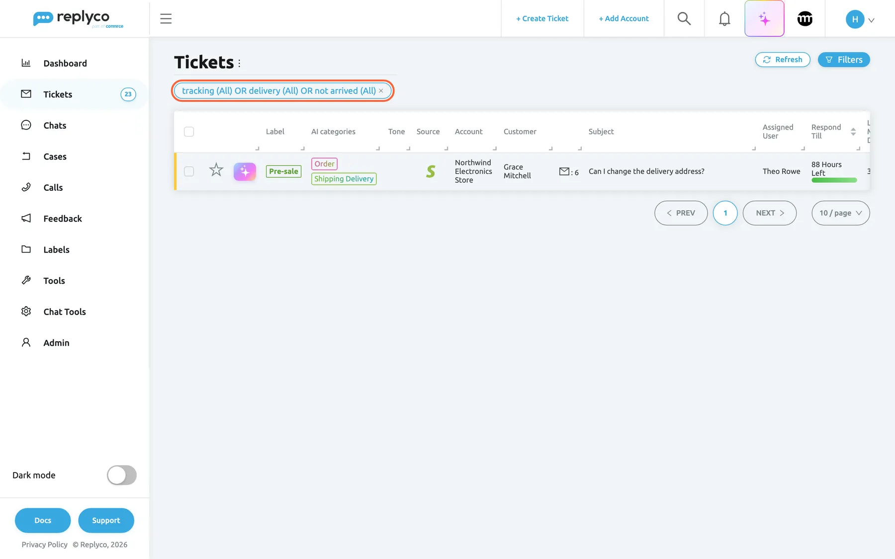 The ticket list in Replyco after selecting the Smart Filter card Delivery questions. The heading reads Tickets with the three-dot menu, and Refresh and Filters are at the top right. Under the heading one filter tag is highlighted: "tracking (All) OR delivery (All) OR not arrived (All)" with a cross to remove it. The table below holds the one ticket that matches, "Can I change the delivery address?" from Grace Mitchell on the account Northwind Electronics Store, with the Pre-sale label, the AI categories Order and Shipping Delivery, and an AI draft sparkle. Paging shows one page. The name of the Smart Filter itself appears nowhere on the list.