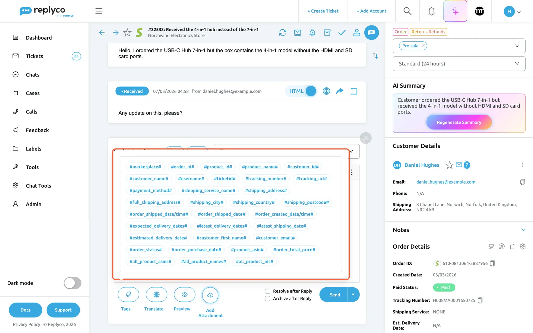 The reply editor of ticket #32533 with the Tags button, at the left end of the buttons under the text box, selected. It opened the highlighted box of placeholder chips over the editor: 33 chips from "#marketplace#", "#order_id#", "#product_id#" and "#product_name#" through "#tracking_number#", "#tracking_url#", the shipping and order date placeholders, "#customer_first_name#" and "#order_total_price#" to "#all_product_asins#", "#all_product_names#" and "#all_product_ids#". Selecting a chip inserts that placeholder where the cursor is and closes the box. Translate, Preview and Add Attachment sit next to Tags.